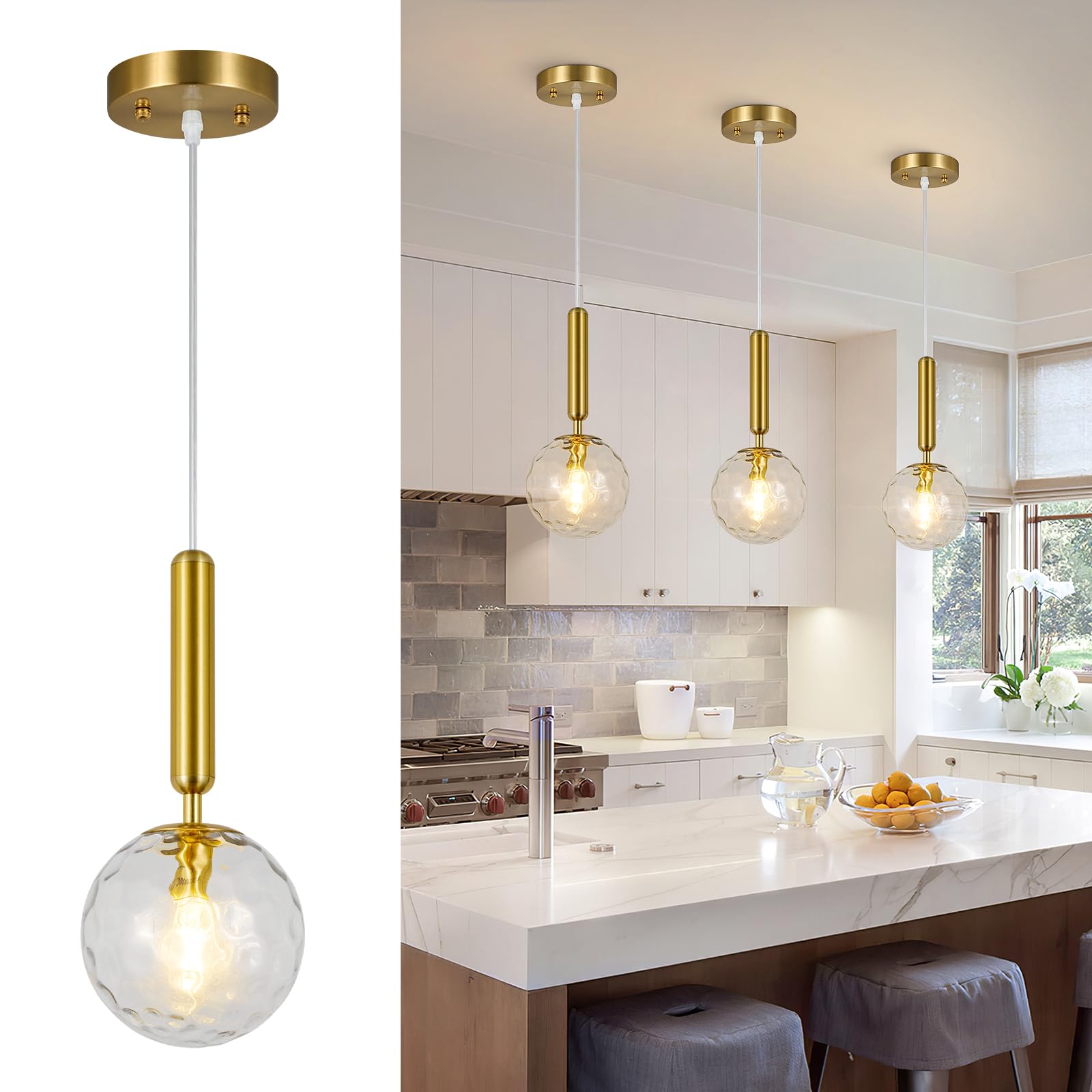 Mid Century Globe Pendant Light with Clear Glass for Kitchen Island Modern Gold Finish Hanging Light Fixture Retro Round Pendant Lighting for Living Room Bedroom Entryway(3-Light)