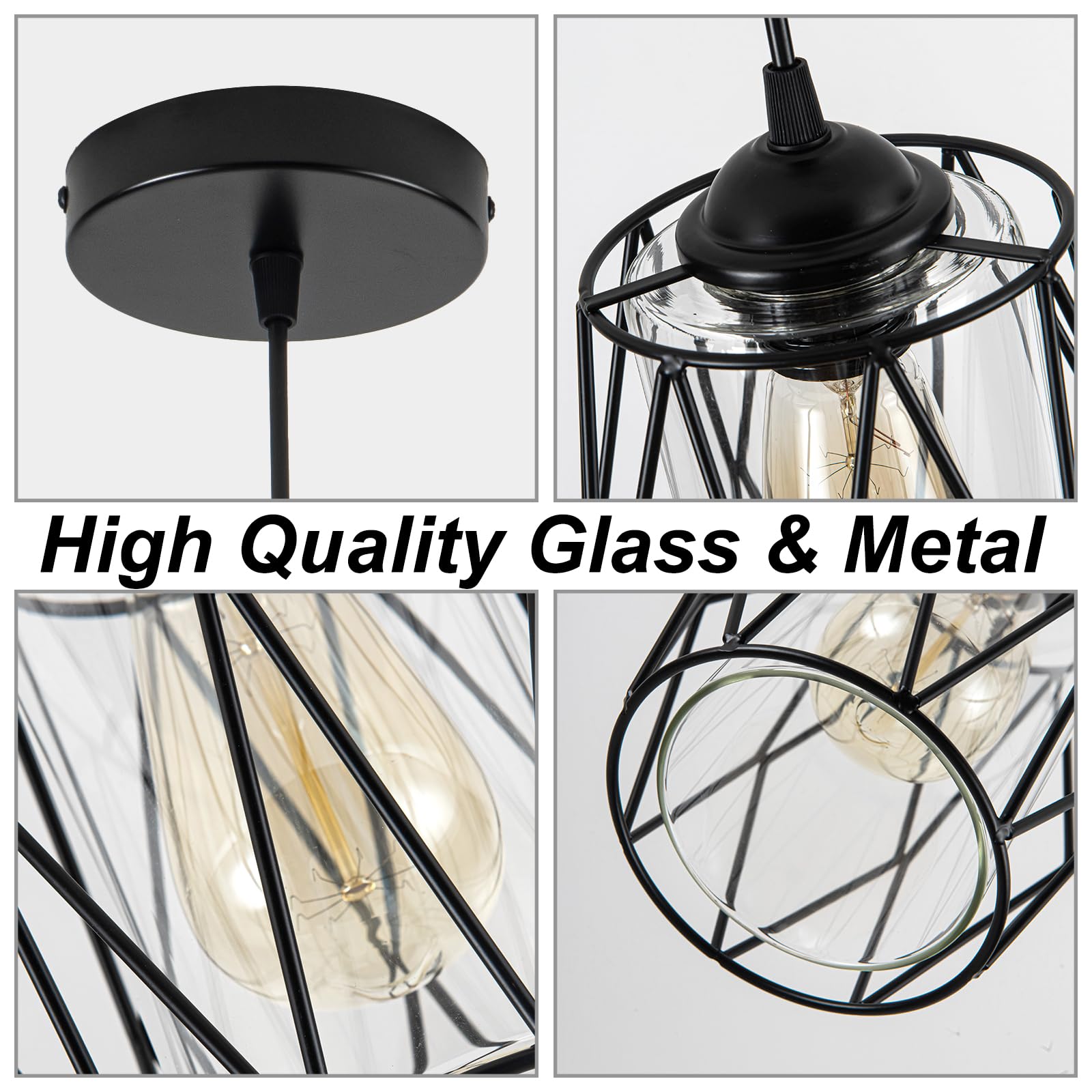 Industrial Black Pendant Light Fixture with Glass Retro Farmhouse Mini Glass Pendant Lighting with Cage Vintage Caged Glass Pendant Light for Kitchen Island, Dining Room, Bedroom, 1-Pack