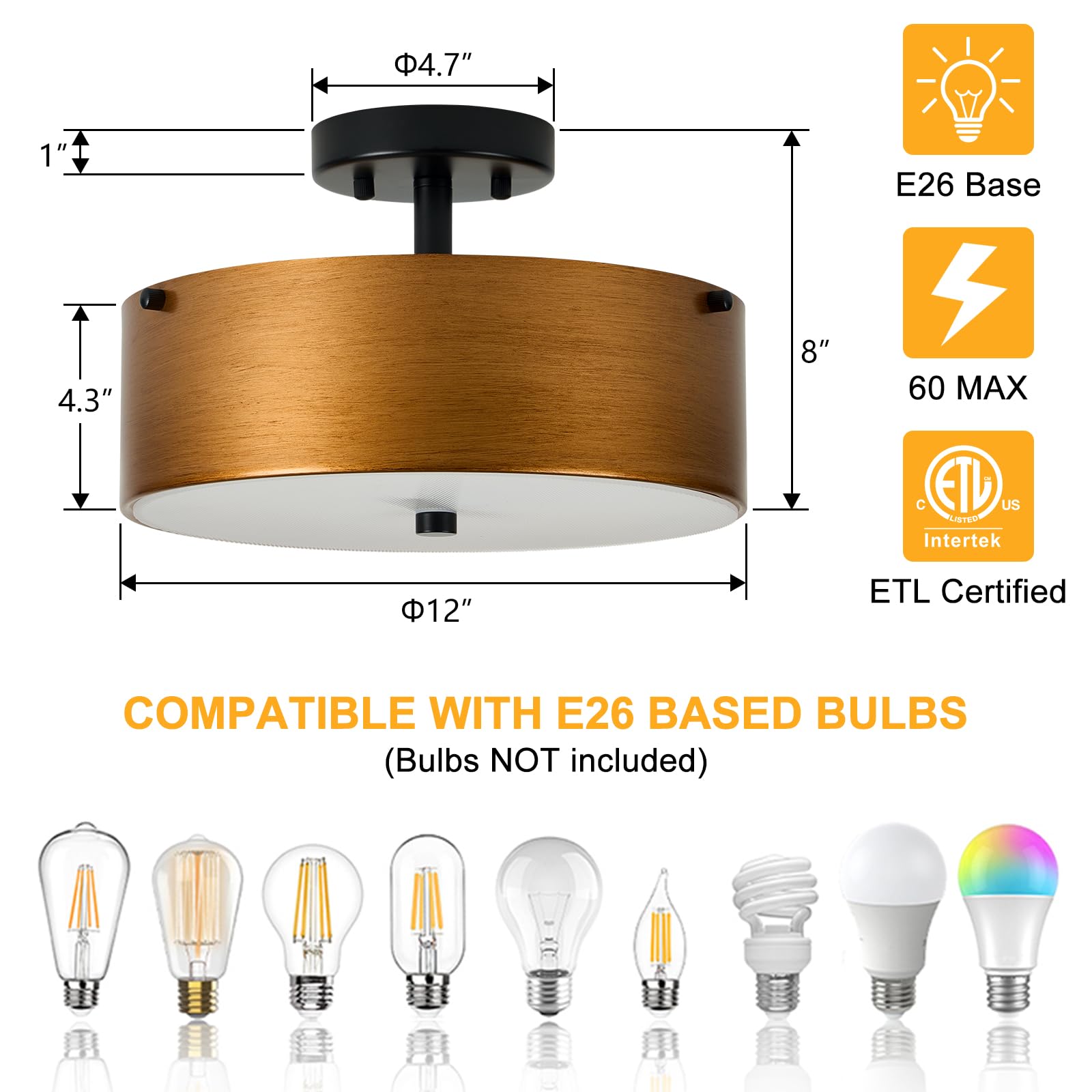 12"Semi Flush Mount Ceiling Light Fixture,3-Light Small Brass Chandelier Drum Lighting with Age Gold Metal Shade,Modern Close to Ceiling Lamps for Bedroom, Dining Room, Kitchen, Hallway, Entry, Foyer