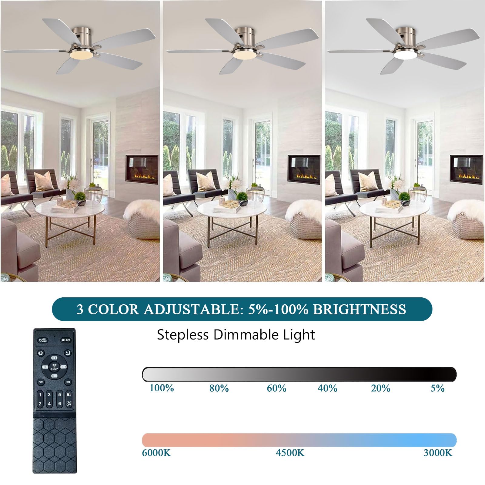 Ceiling Fans with Lights, 52 inch Low Profile Ceiling Fan with Light and Remote Control, Flush Mount, Reversible Motor, Dimmable, Noiseless, White Ceiling Fan for Bedroom, Indoor/Outdoor Use