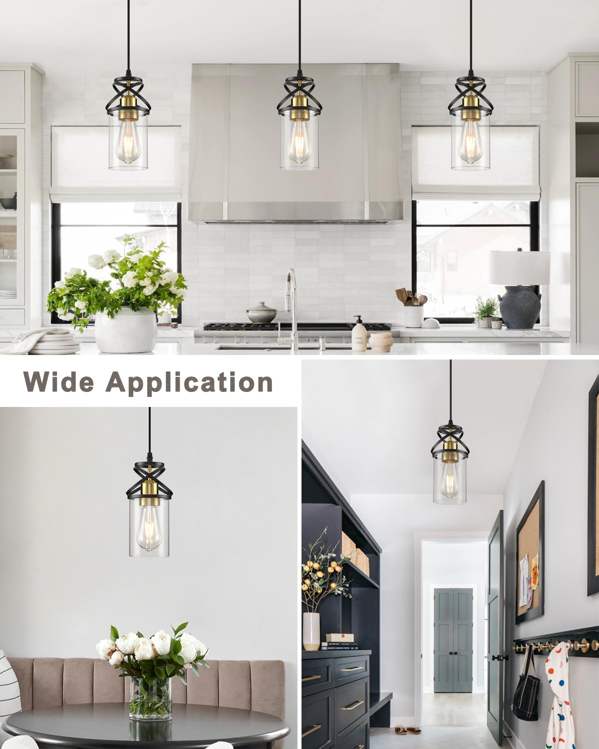 Modern Pendant Light Fixture Farmhouse Hanging Light with Clear Glass Shade, Industrial Black and Gold Pendant Lighting for Kitchen Island Dining Room Bedroom