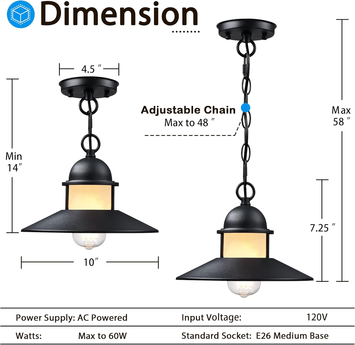 Outdoor Pendant Lights for Porch,2 Pack Farmhouse Exterior Hanging Lights Fixture with Adjustable Chain,Black Outside Lights for House Front Door Ceiling Porch Patio Entryway Foyer