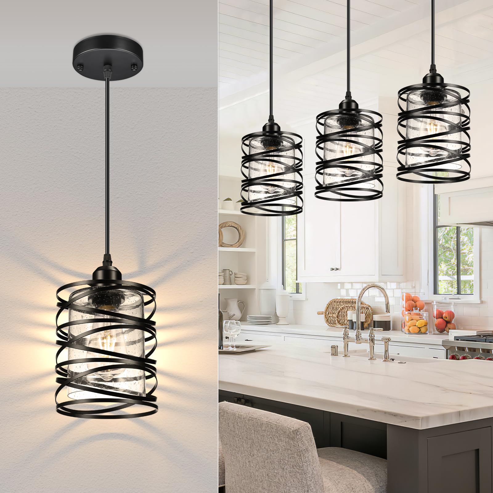 3 PACK Industrial Pendant Lights Kitchen Island, Black Hanging Kitchen Lights, Adjustable Kitchen Pendant Lighting over Island, Modern Seeded Glass Shade Island Lights for Kitchen, Dining Room, Bar