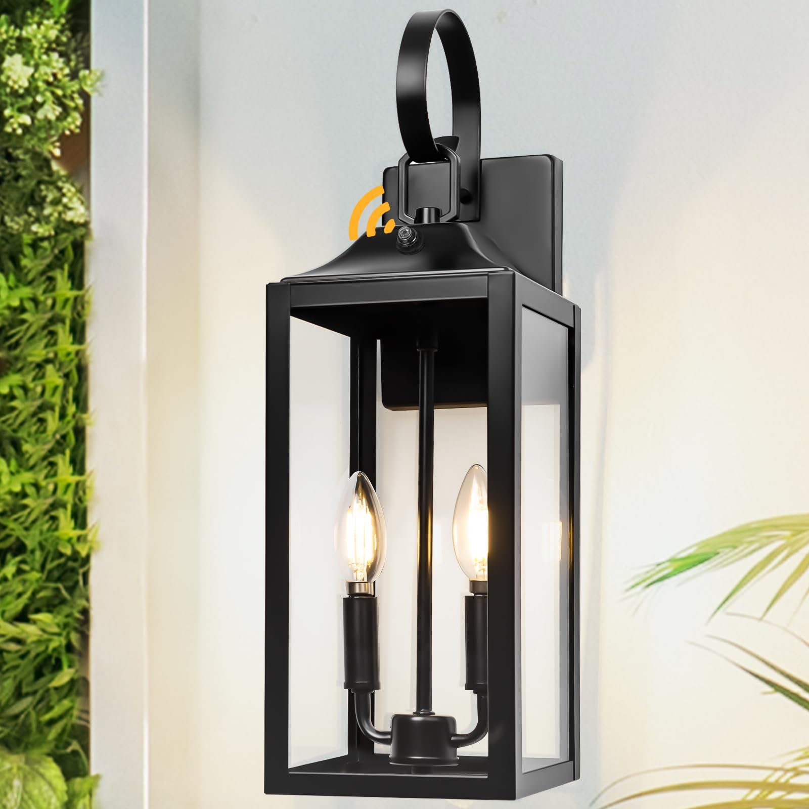 19" Black Outdoor Wall Lantern 2-Light, Large Outside Modern Wall Sconce Light Fixture, Industrial Porch Light Wall Mount with Glass, Waterproof Farmhouse Exterior Lamp Lighting （1 Pack）