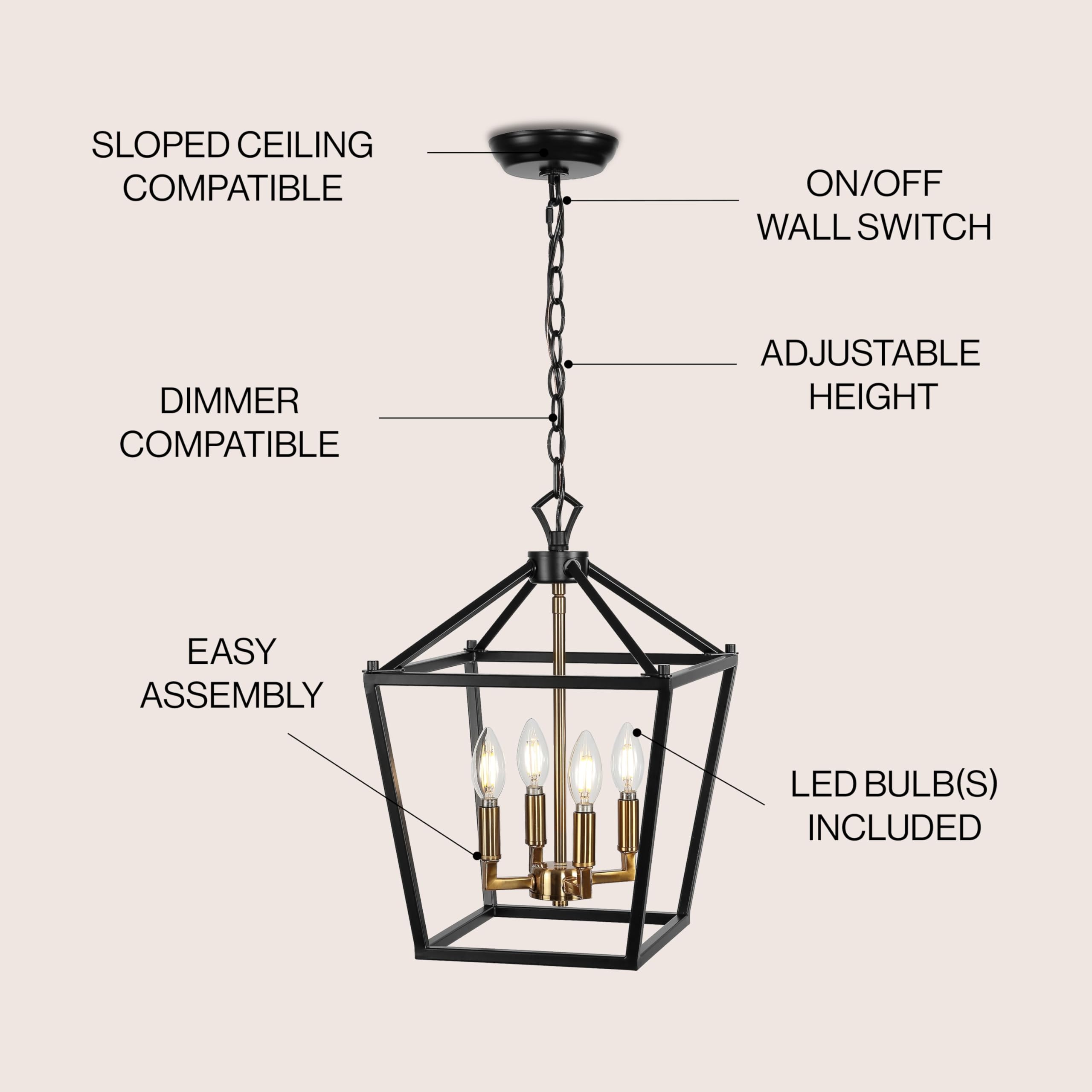 Lantern Dimmable Adjustable Metal LED Pendant Classic Traditional Farmhouse Dining Room Living Room Kitchen Foyer Bedroom Hallway, 10 in, Antique Gold