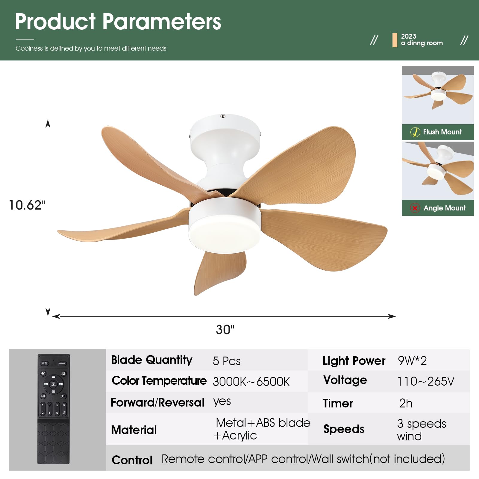 Ceiling Fans with Lights and Remote/APP Control, 30 inch Low Profile Ceiling Fans with 5 Reversible Blades 3 Colors Dimmable 6 Speeds Ceiling Fan for Bedroom Kitchen Dining Room, White