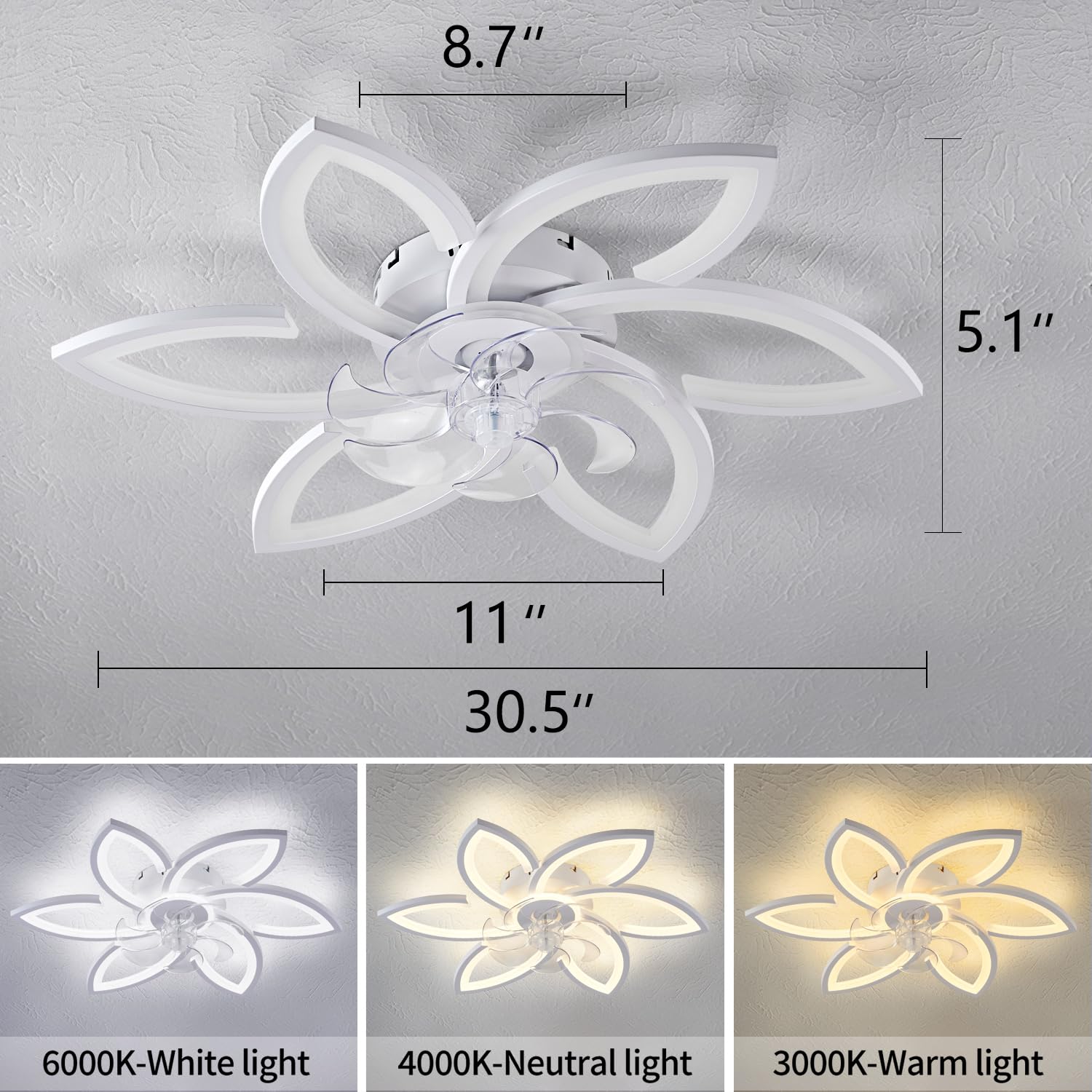 Ceiling Fan with Lights Remote Control, 24" Black, 6 Speeds 3 Light Color Low Profile Flush Mount Ceiling Fan for Kitchen Bedroom