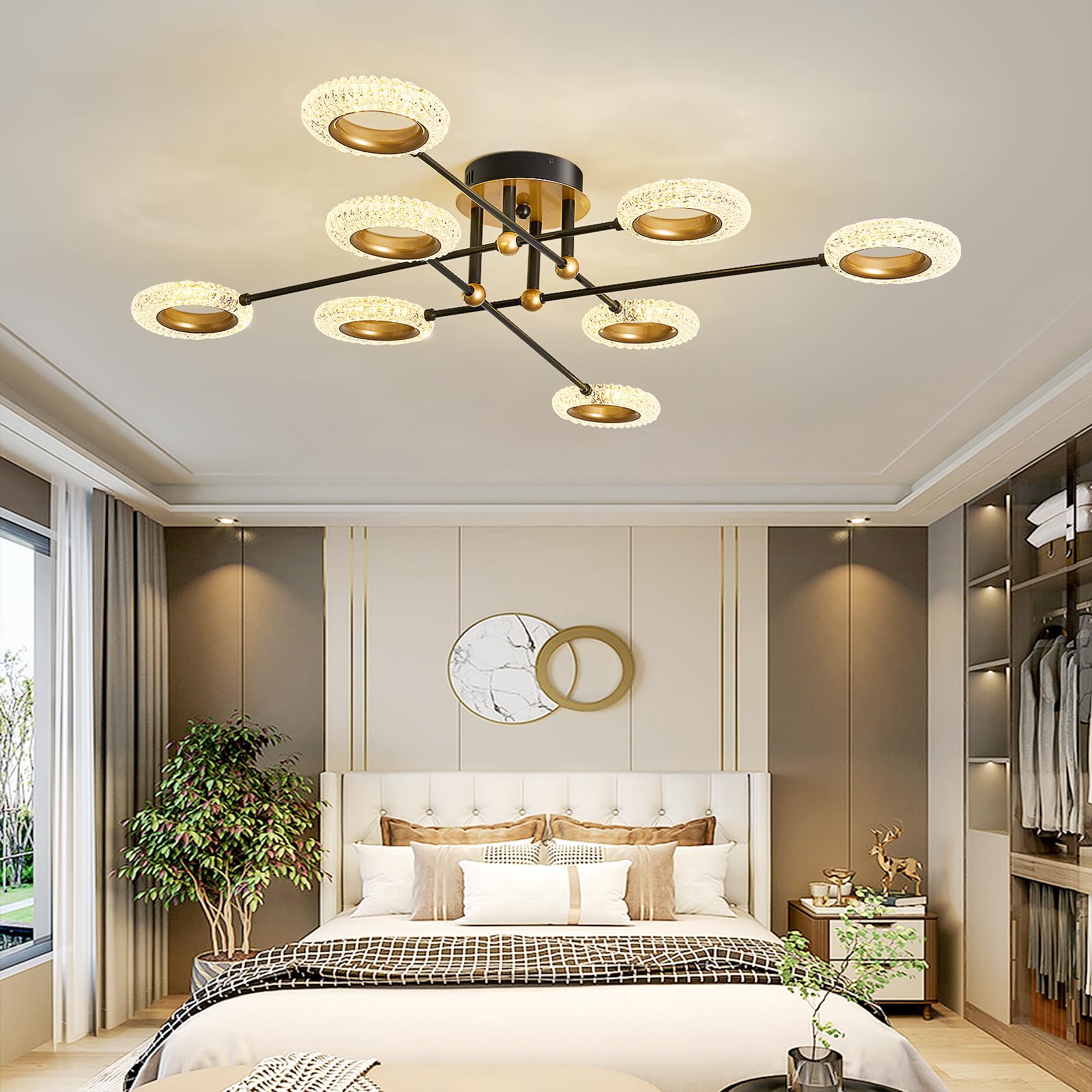 Farmhouse 5-Light Semi Flush Mount Ceiling Light Fixture with E26 Modern Matte Black and Gold Chandelier Sputnik Ceiling Lamp for Hallway Kitchen Dining Room Bedroom Study Living Room Bathroom