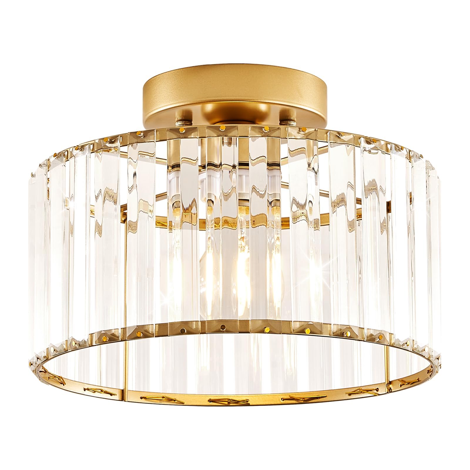 Modern Gold Semi Flush Mount Ceiling Light Crystal Hallway Light Fixture Metal Close to Ceiling Lamp for Kitchen Living Room Bathroom Entryway Bedroom