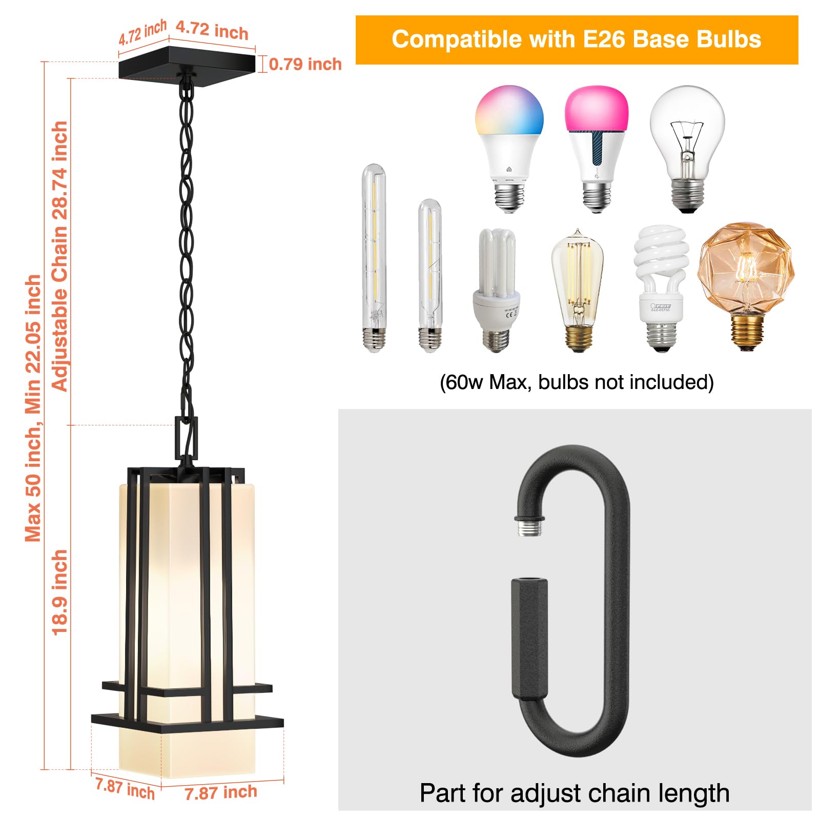 Outdoor Pendant Light Fixture - Aluminum Exterior Hanging Lantern, Outdoor Hanging Light with Black Adjustable Chain Outdoor Pendant Lights for Porch Patio (Max 44.09''H, 1 pc)