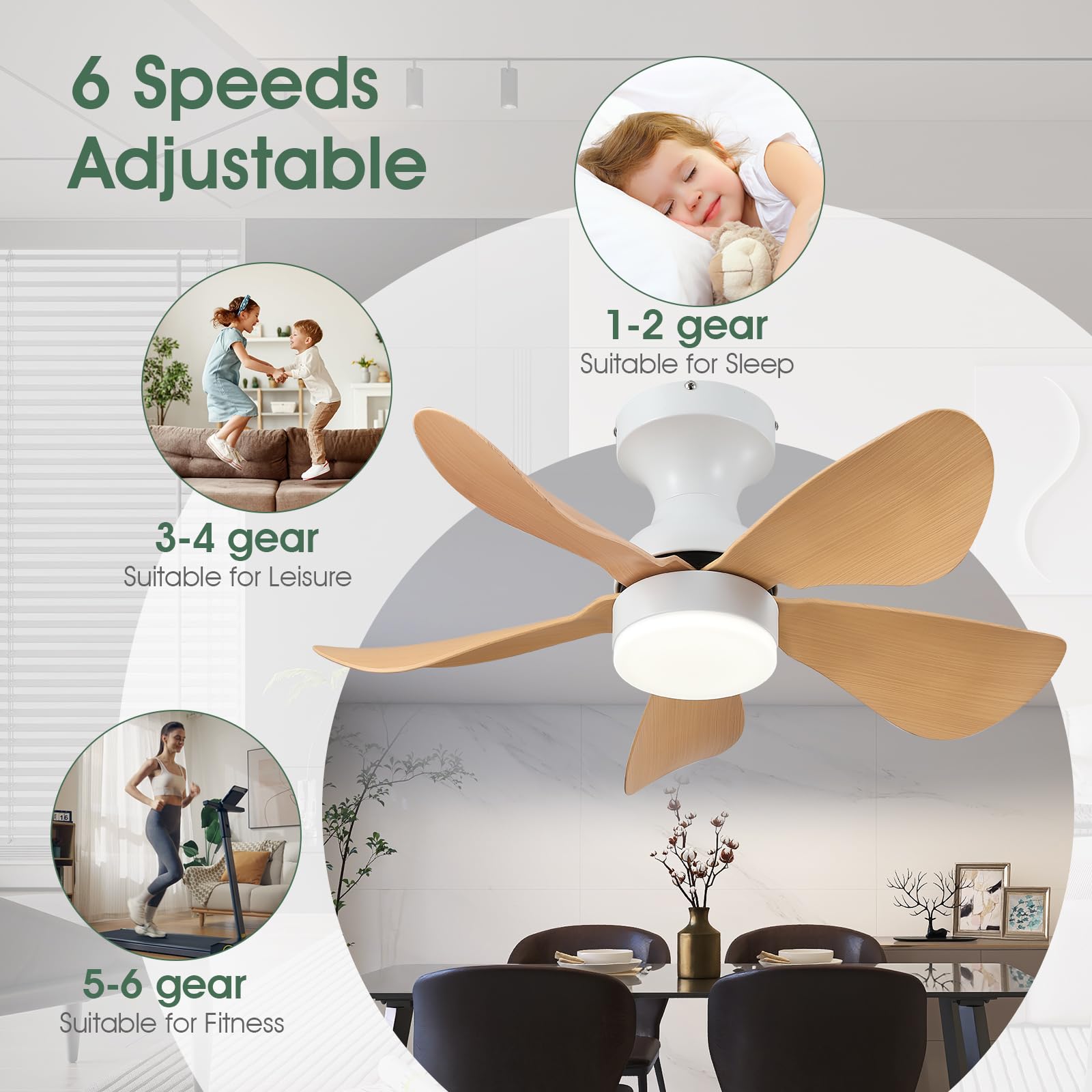 Ceiling Fans with Lights and Remote/APP Control, 30 inch Low Profile Ceiling Fans with 5 Reversible Blades 3 Colors Dimmable 6 Speeds Ceiling Fan for Bedroom Kitchen Dining Room, White