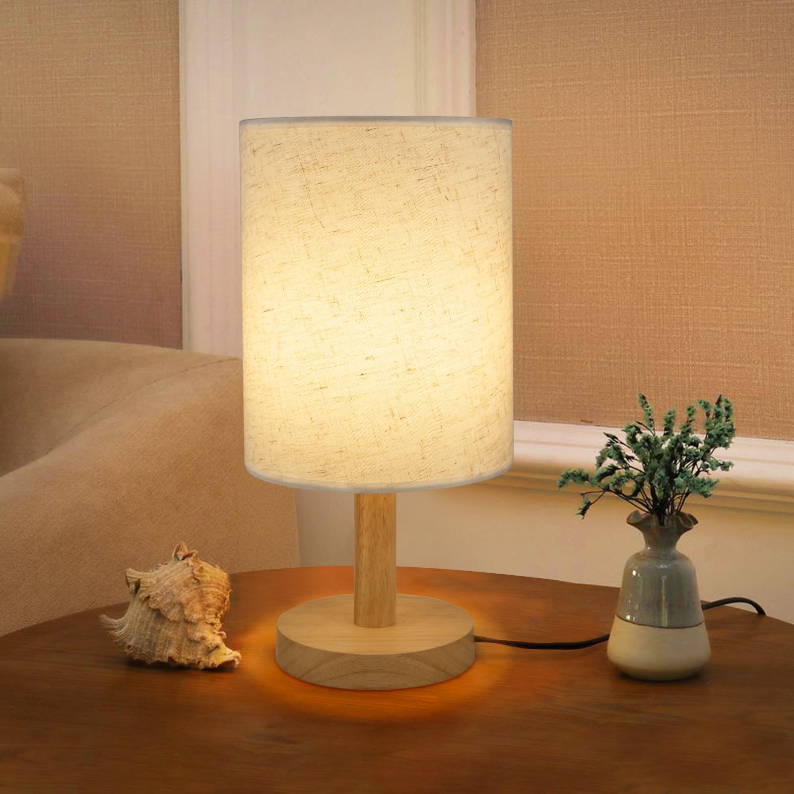 Small Bedside Night Table Lamp for Bedroom, Minimalist Nightstand Lamp with Round Fabric Linen Shade, Study Reading Desk Lamp for Kids Room, Living Room, College Dorm, Home, Office