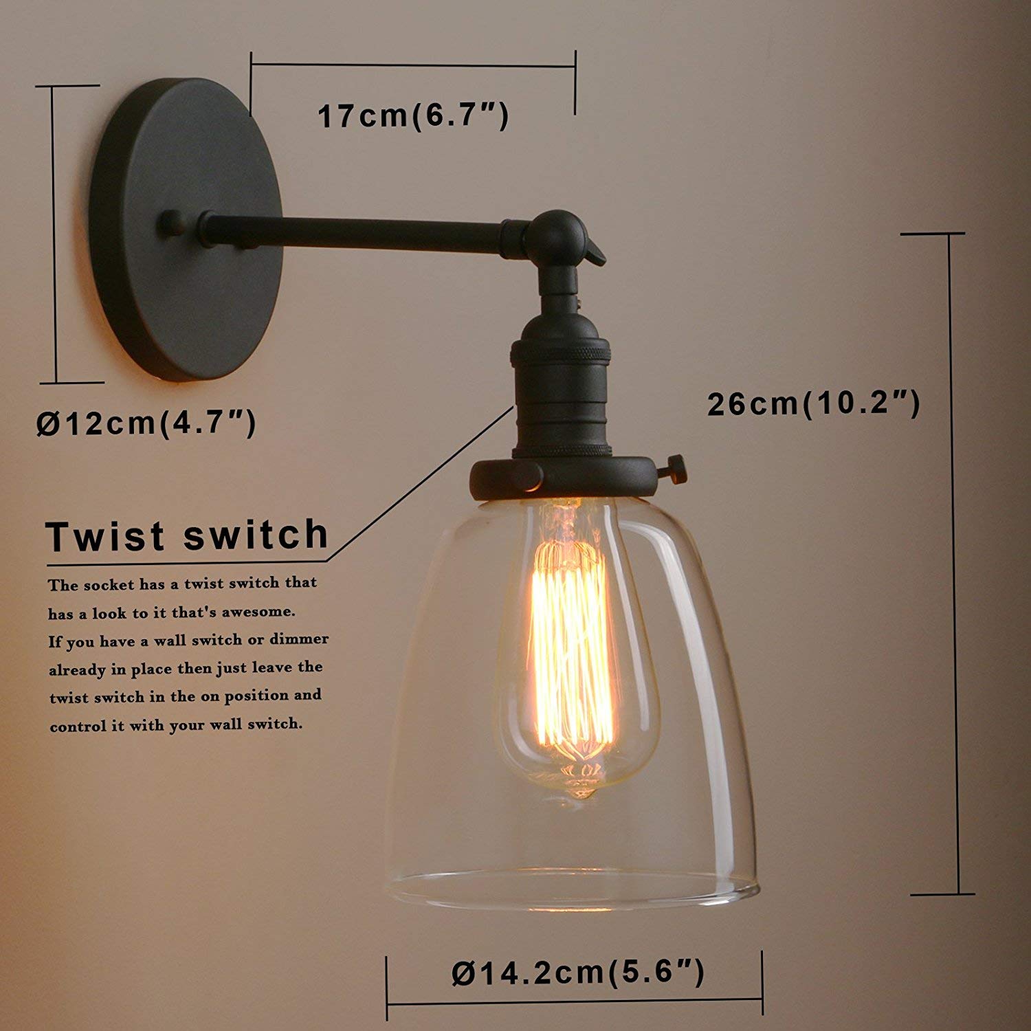 Vintage Wall Sconce Lighting with On Off Switch, Clear Glass Shade Brass Vanity Light, Industrial Wall Fixtures for Living Room Bathroom Bedroom Garage Porch