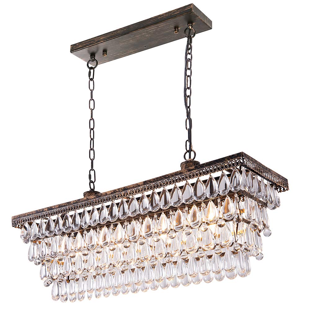 Dining Room Crystal Chandelier,30 inch Antique Bronze Rectangle Crystal Ceiling Light,4 Lights Farmhouse Kitchen Island Lighting,Adjustable Hanging Light Fixtures