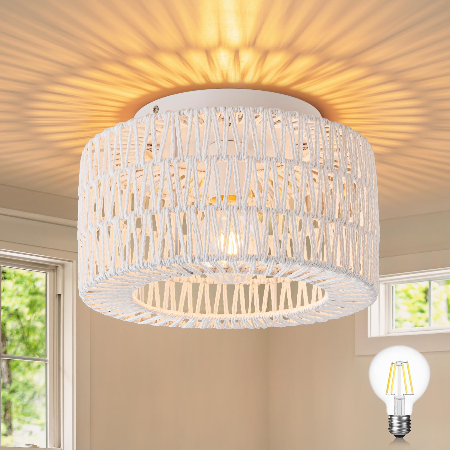 Rattan Ceiling Light Fixtures (12-Inch, LED Bulb Included), Hand-Woven Boho Flush Mount Ceiling Light, Rattan Chandelier for Hallway Kitchen Farmhouse Foyer Entryway Living Room(White)