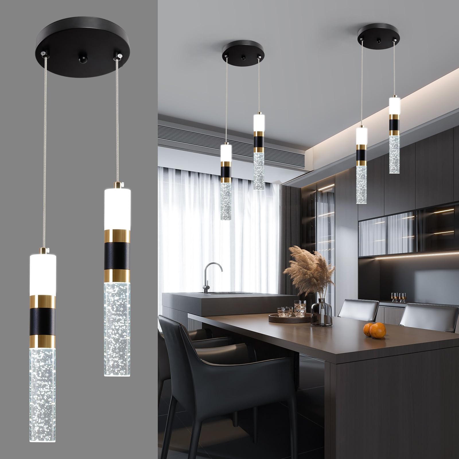 3-Light LED Pendant Lights Kitchen Island, 3-Light Cluster Pendant Lighting, Dimmable LED Modern Pendant Lights Kitchen Island, Pendant Lighting for Dining Room Table