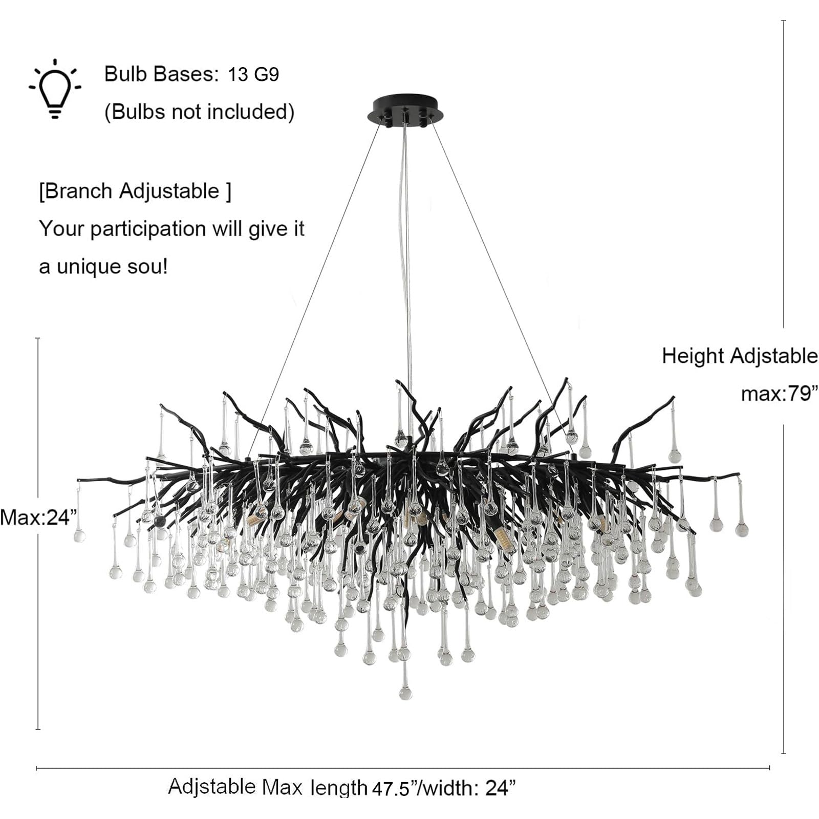 Black Crystal Chandelier, Modern Ceiling Pendant Flower Hanging Lighting Frosted Tree Branch Raindrop Chandelier Light Fixture for Dining Room, Living Room, Bedroom, Entryway (Dia 24" Round)