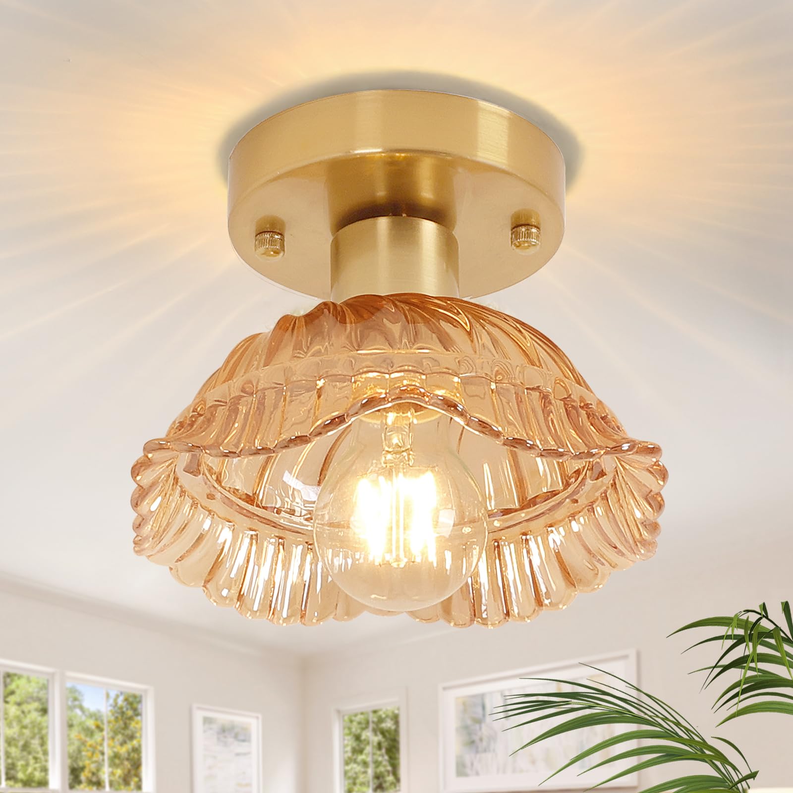 Semi Flush Mount Ceiling Light, Gold Hallway Vintage Lights Fixture Ceiling with Amber Peony Glass, Bulb Included, 4.72" Base Modern Ceiling Light Fixtures for Kitchen Bedroom