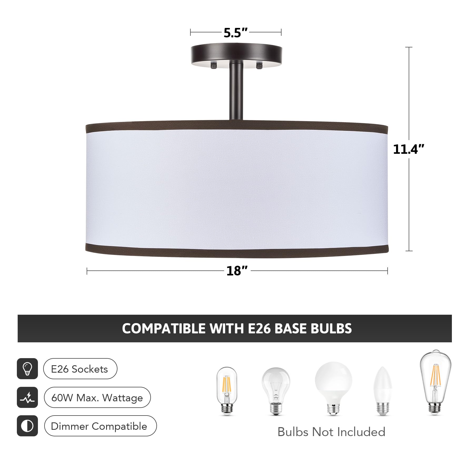 Semi Flush Mount Ceiling Light, 13'' Drum Ceiling Light Fixture with 2 Light, Modern Close to Ceiling Light Fixture for Bedroom Living Room Hallway Kitchen, Bronze Finish