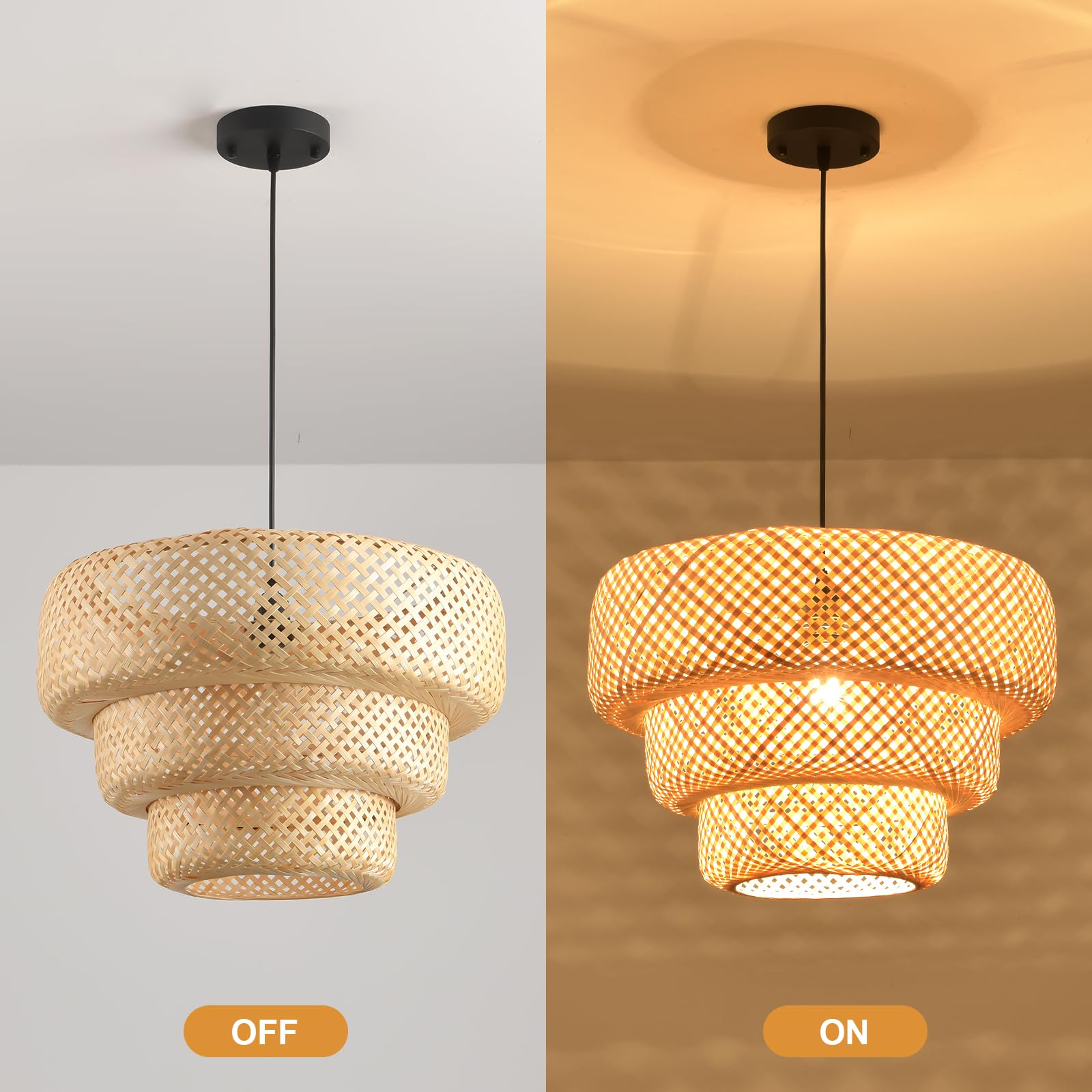 Boho Bamboo Pendant Light, 23.64in Bohemian Hand-Woven Rattan Chandelier Coastal Wicker Lighting Fixtures Hanging Lamp for Kitchen Island Dining Living Room Restaurants Bedroom