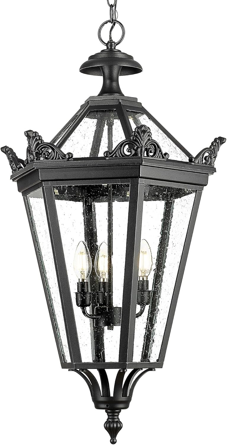 32 Inch Outdoor Front Door Hanging Light, Farmhouse Exterior Pendant Lantern Waterproof Ceiling Mount with Seeded Glass, Black Finish, XE283H BK