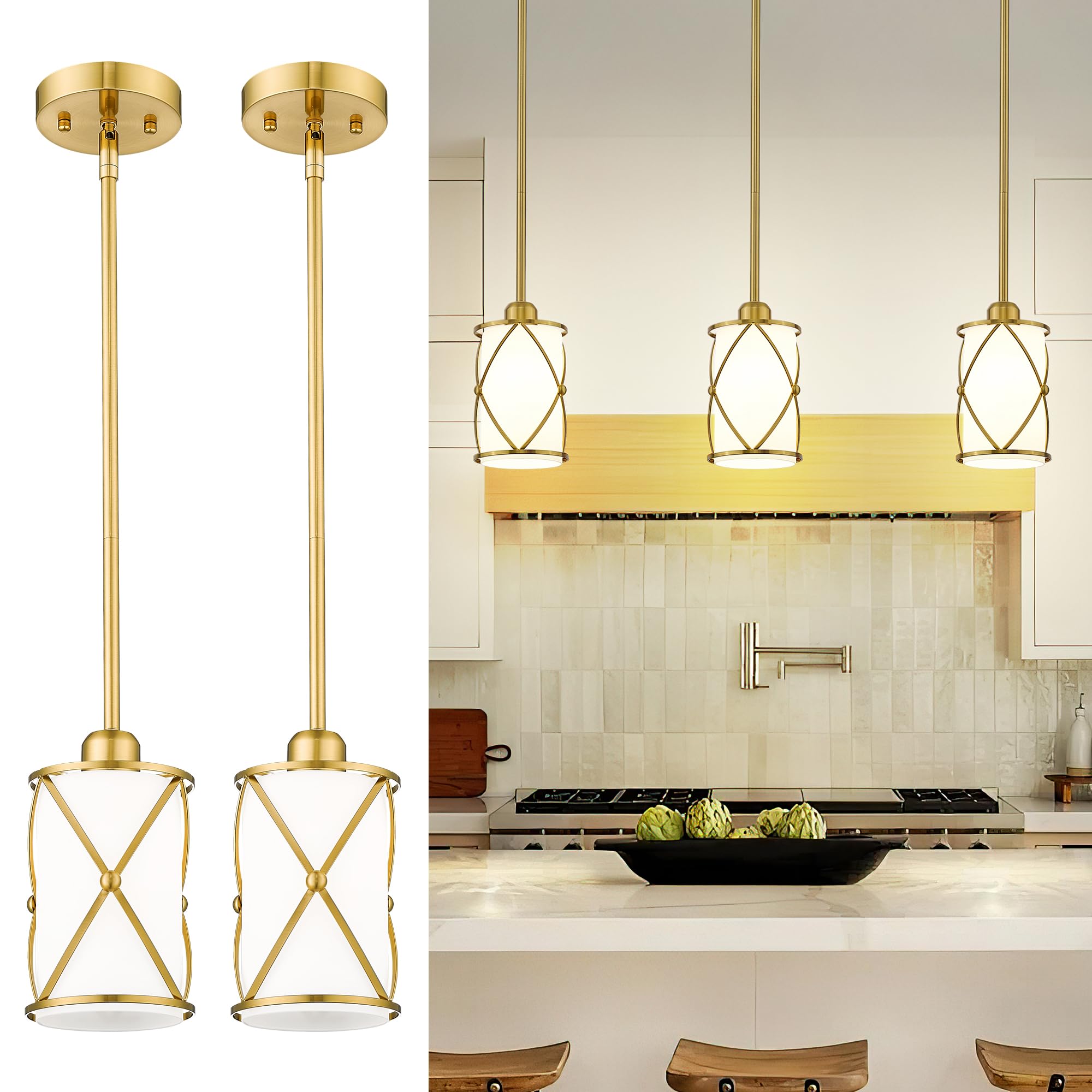 Brushed Gold Pendant Light Fixtures, 3-Light Modern Dining Room Cluster Pendant Light with Milky Glass, Mid Century Cage Hanging Pendant Lighting for Kitchen, Adjustable, CH9176BGW3