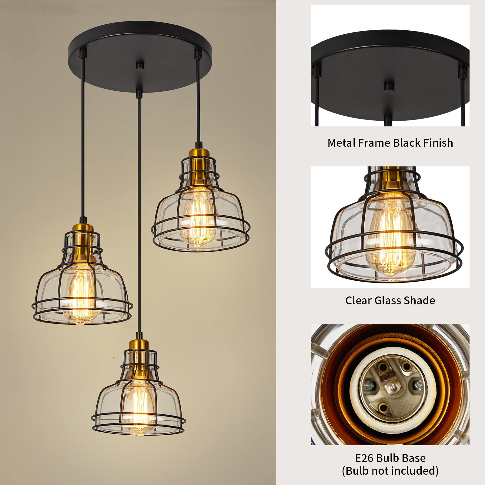 WILON Pendant Lighting for Kitchen Island, Industrial 3 Light Pendant Ceiling Light Fixture, Farmhouse Chandelier for Dining Room Cluster Pendant Light Fixtures Hanging Light with Clear Glass Shades