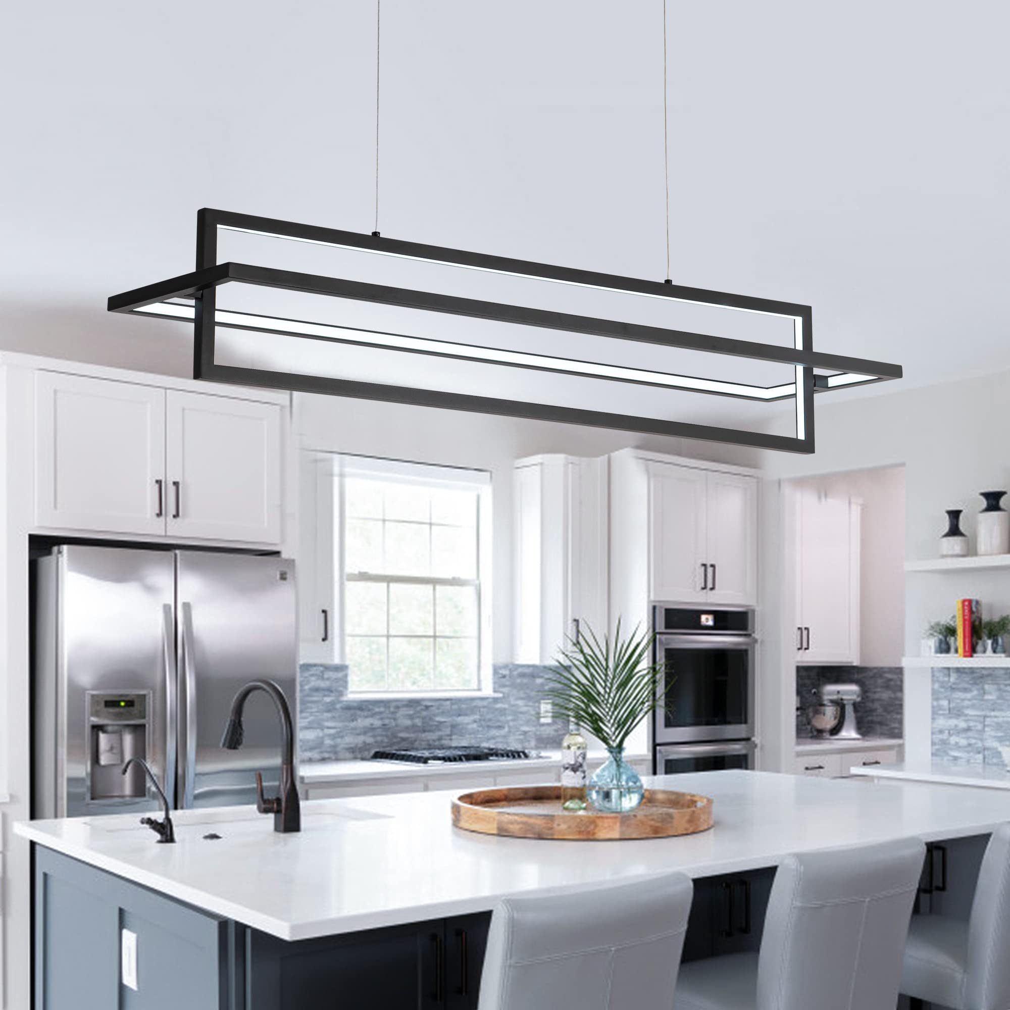 Modern LED Chandelier Linear Rectangle Chandelier Dimmable 35.4” Kitchen Island Lighting, Contemporary Hanging Linear Led Pendant Chandelier Light Fixture for Dining Room Hallway Bar Black