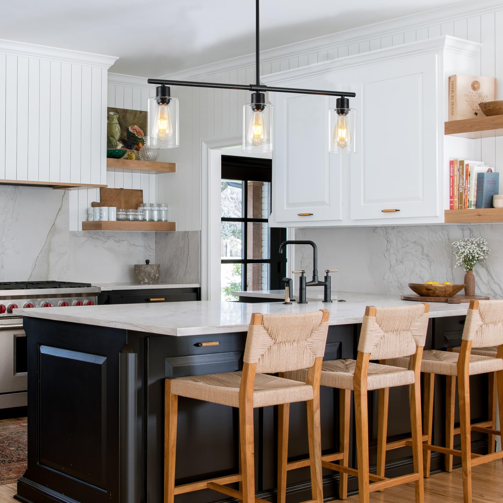 Kitchen Island Lighting,3 Lights Farmhouse Linear Chandeliers for Dining Room,Hanging Rectangle Pendant Light Fixtures with Glass Shades,Black Island Lights for Kitchen Ceiling