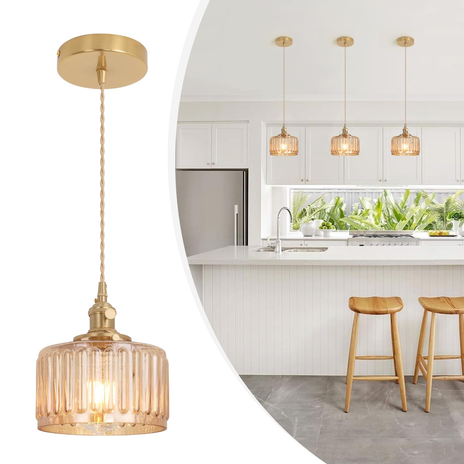 Pendant Light with White Pleated Ceramic Lmapshade, Brass Vintage Pendant Light Adjustable Hanging Light for Kitchen Island Dining Room Hallway 7.87 Inch Diam