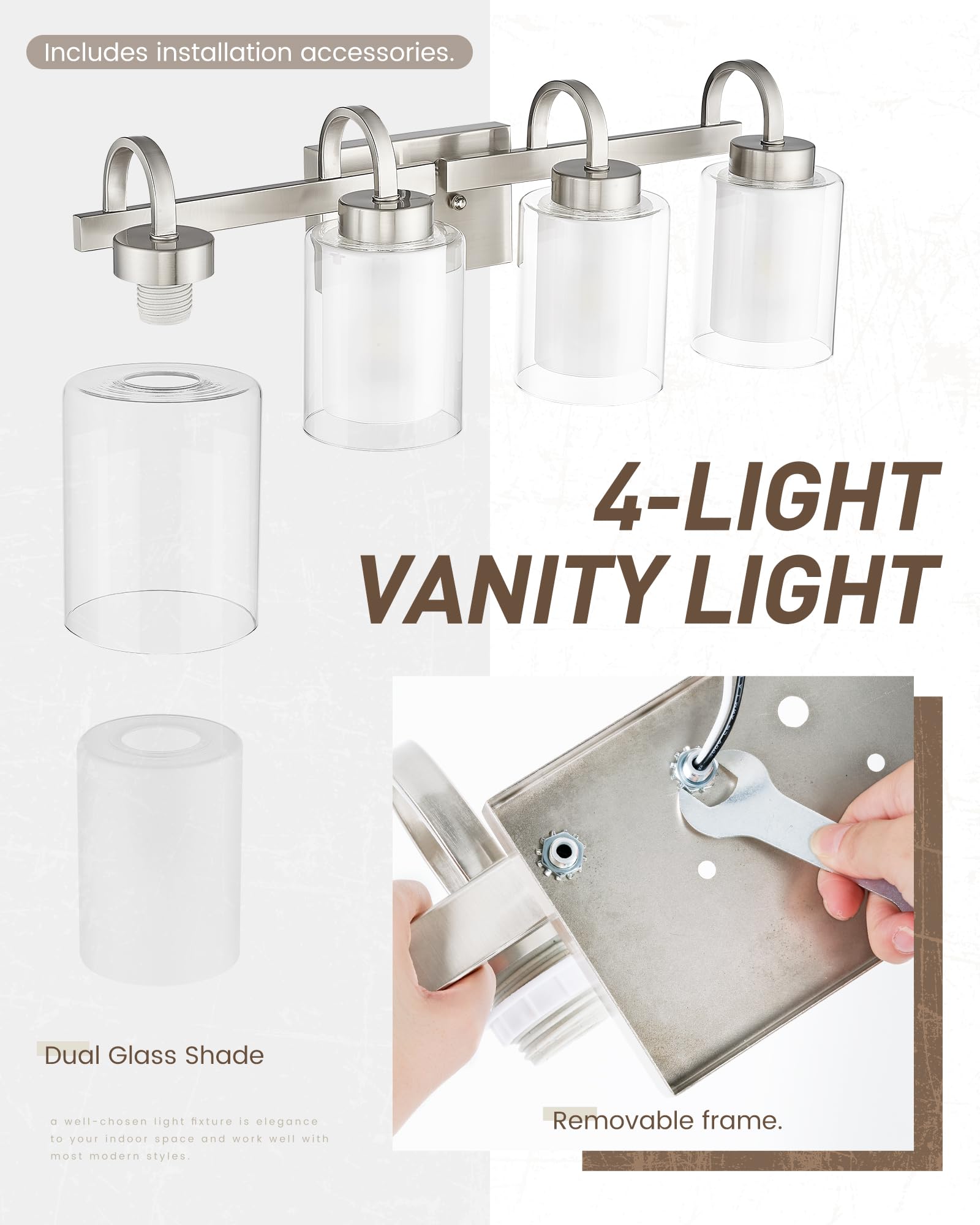 3-Light Bathroom Vanity Light, Brushed Nickel Vanity Light Over Mirror, Farmhouse Wall Sconces with Dual Glass Shade, Modern Wall Lamp for Bathroom Hallway Living Room