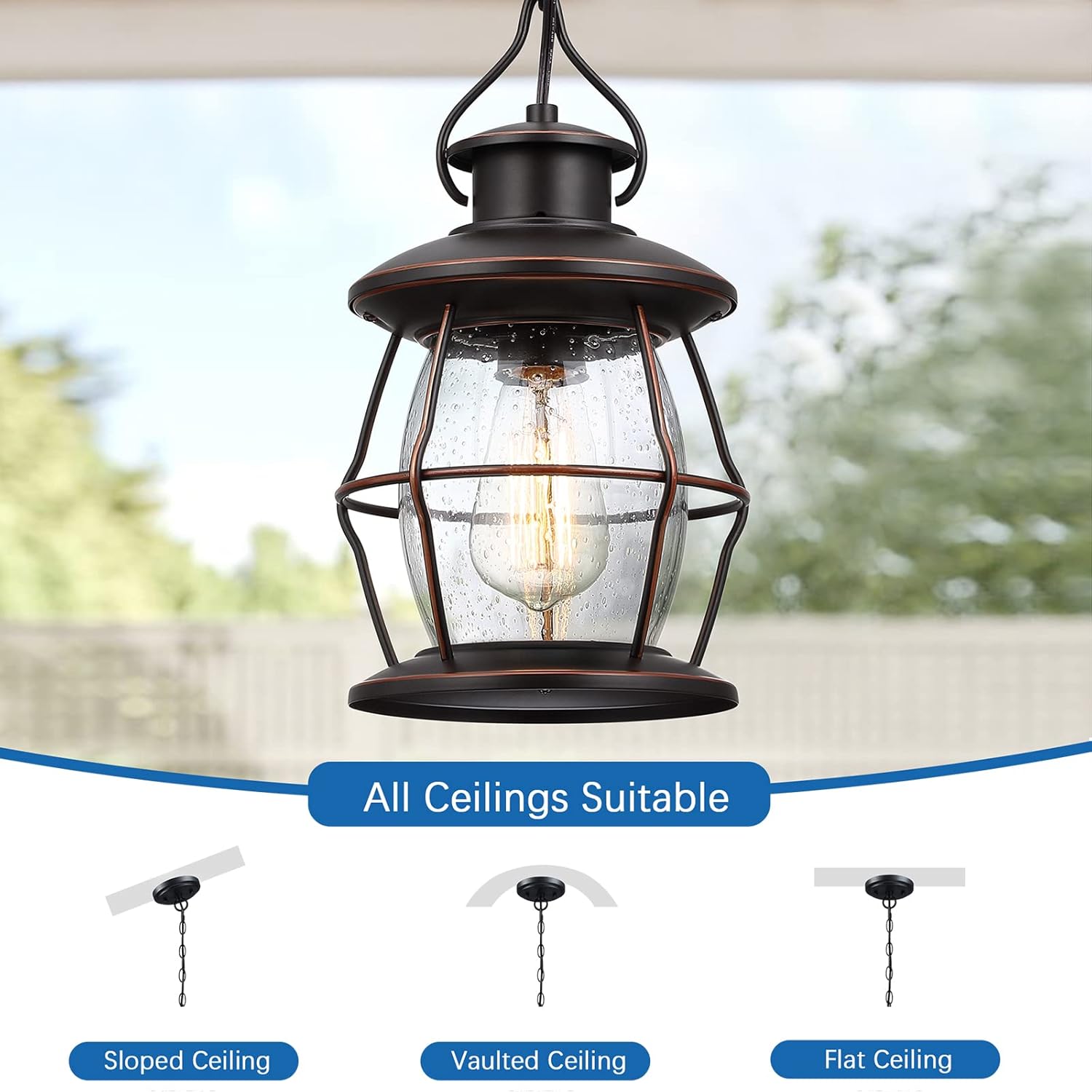 Outdoor Pendant Light, Farmhouse Exterior Hanging Light Fixture with Adjustable Chain,Oil Rubbed Bronze Porch Light with Bubble Glass for Front Door Ceiling Entry Patio