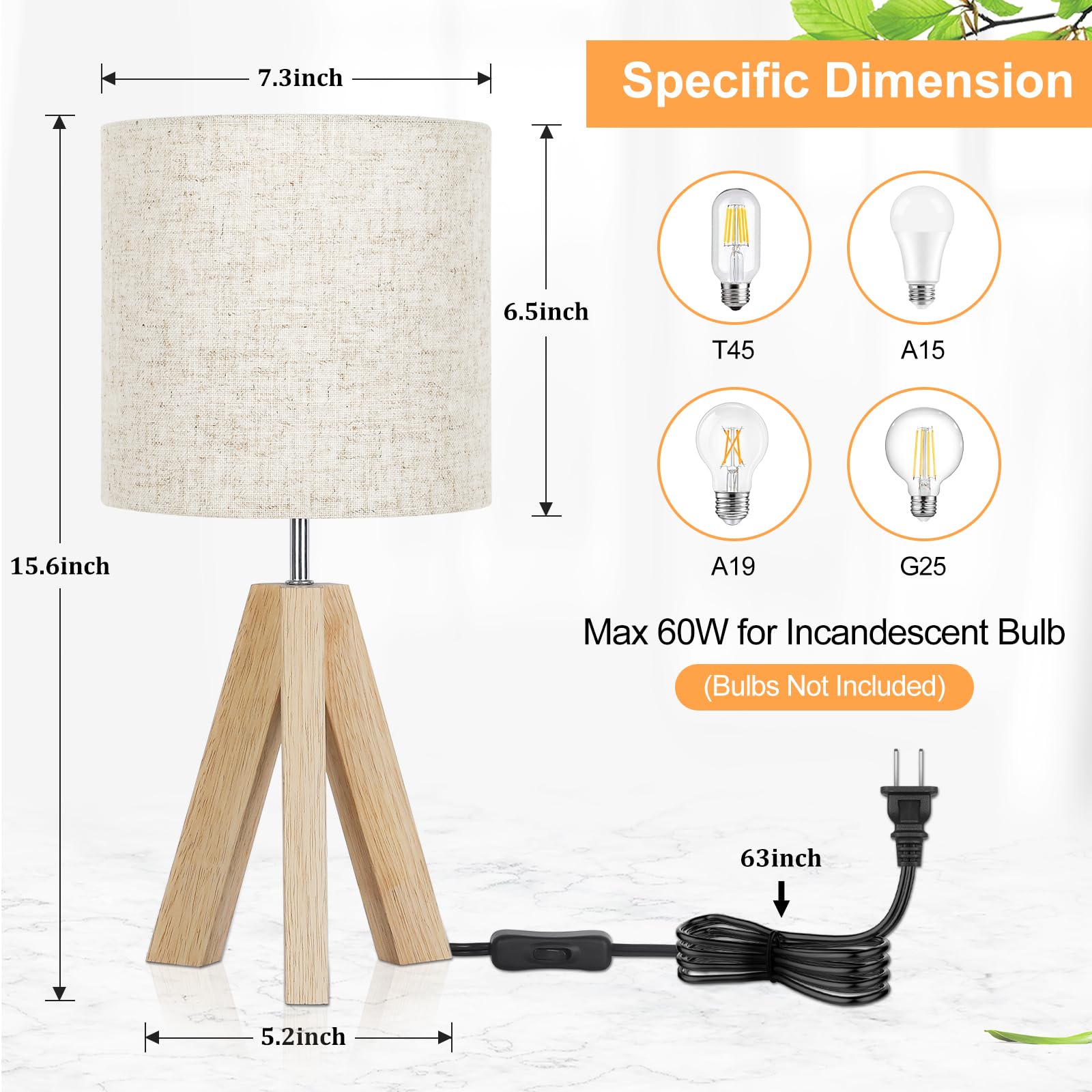 Small Beside Table Lamp, Wood Tripod Table Lamp with White Fabric Shade, Cute Boho Nightstand Lamp, Minimalist Desk Lamp for Bedroom Living Room Nursery Kids Room Office Dorm, Bulb Not Included