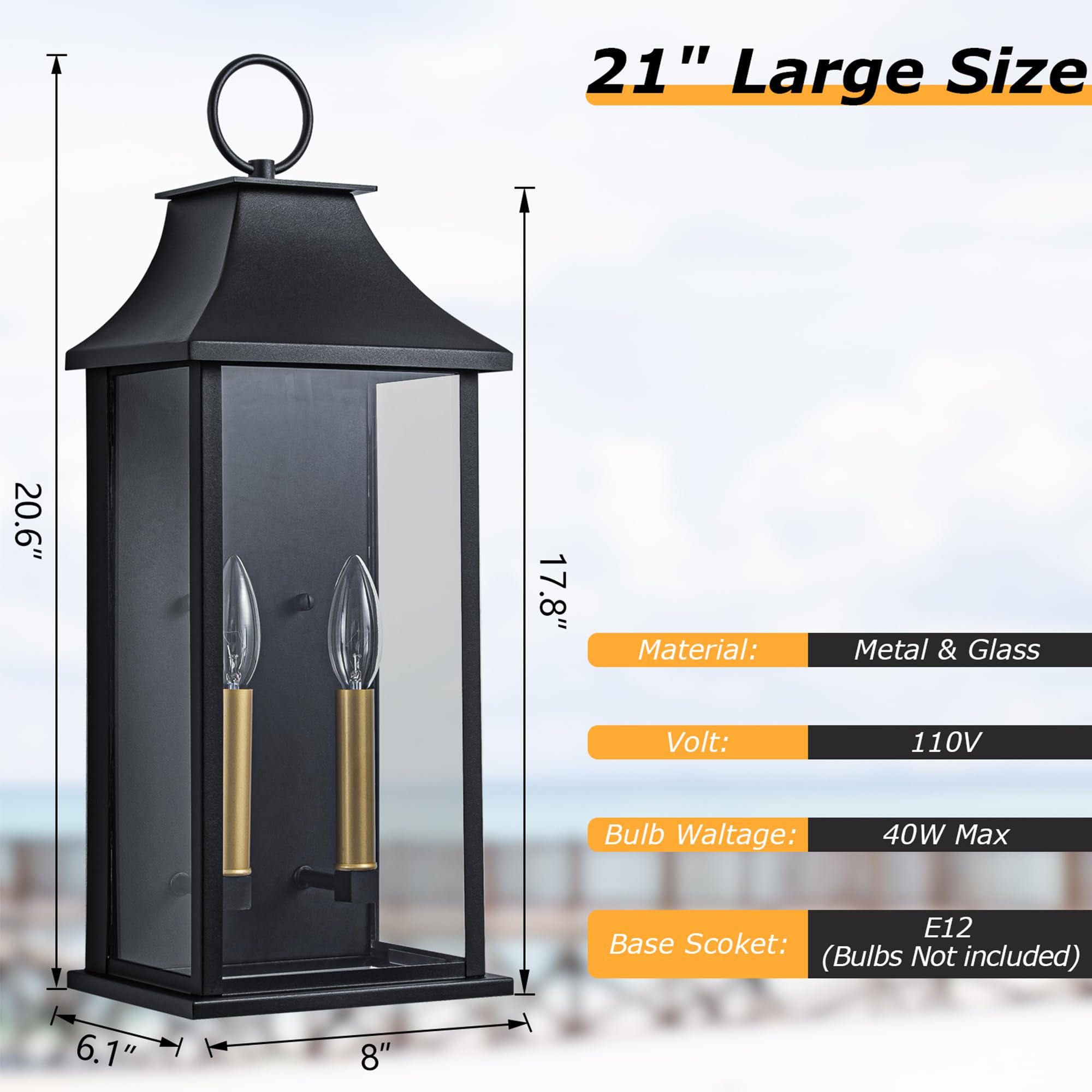 Outdoor Wall Lantern 2-Light, 21" Large Outside Wall Sconce, Modern Black Wall Light Fixture with Glass, Waterproof Exterior Lamp for House, Porch, Garage