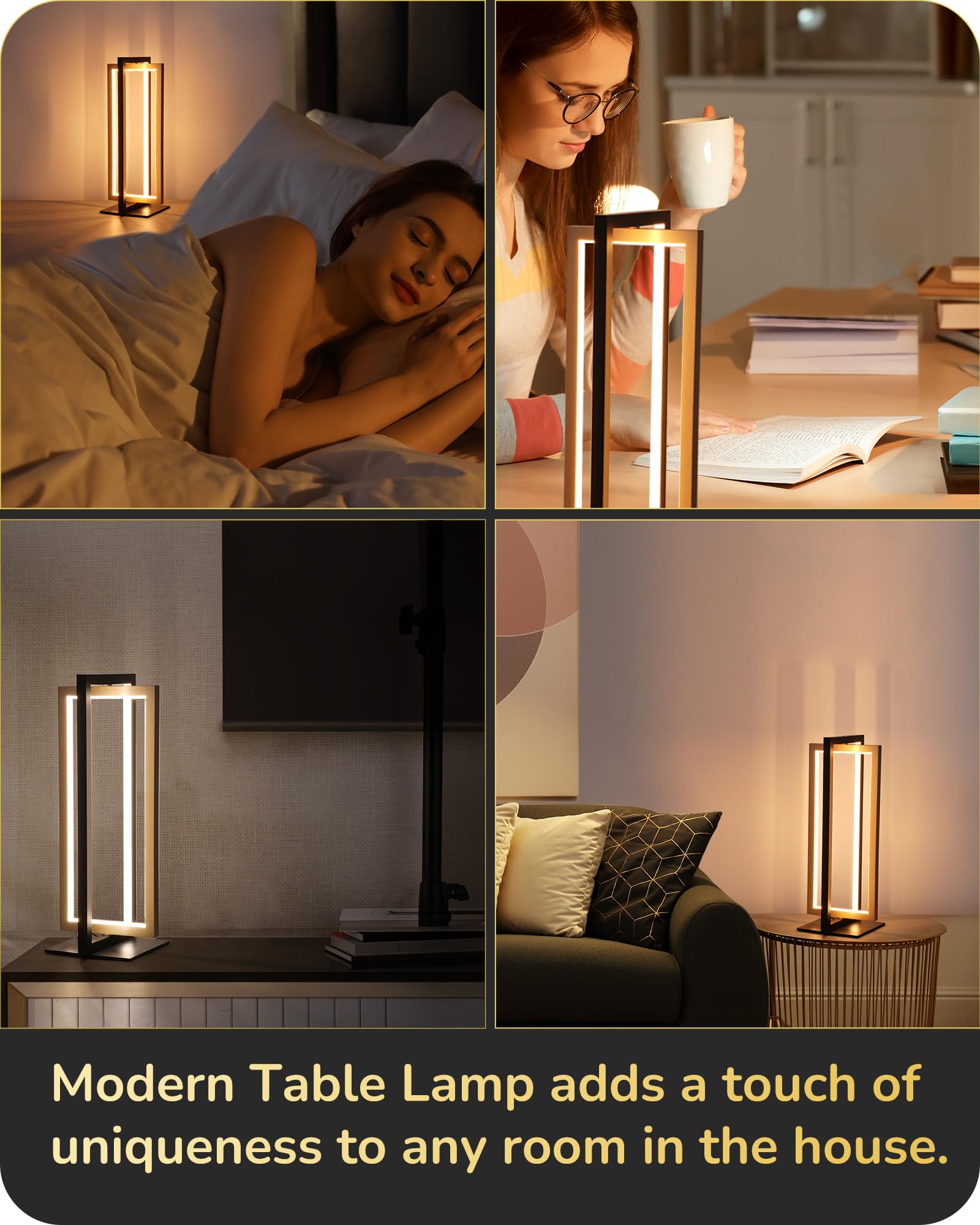 EDISHINE Modern LED Table Lamp, 750LM Stepless Dimmable Bedside Lamp, 3 Color Temperature, Switch Control Nightstand Lamp for Living Room Bedroom, Dual-Frame Rectangle, Angle Adjustable