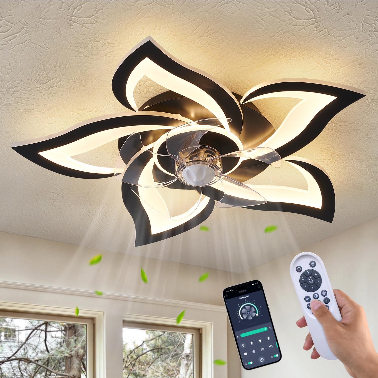 Ceiling Fan with Lights Remote Control, 24" Black, 6 Speeds 3 Light Color Low Profile Flush Mount Ceiling Fan for Kitchen Bedroom