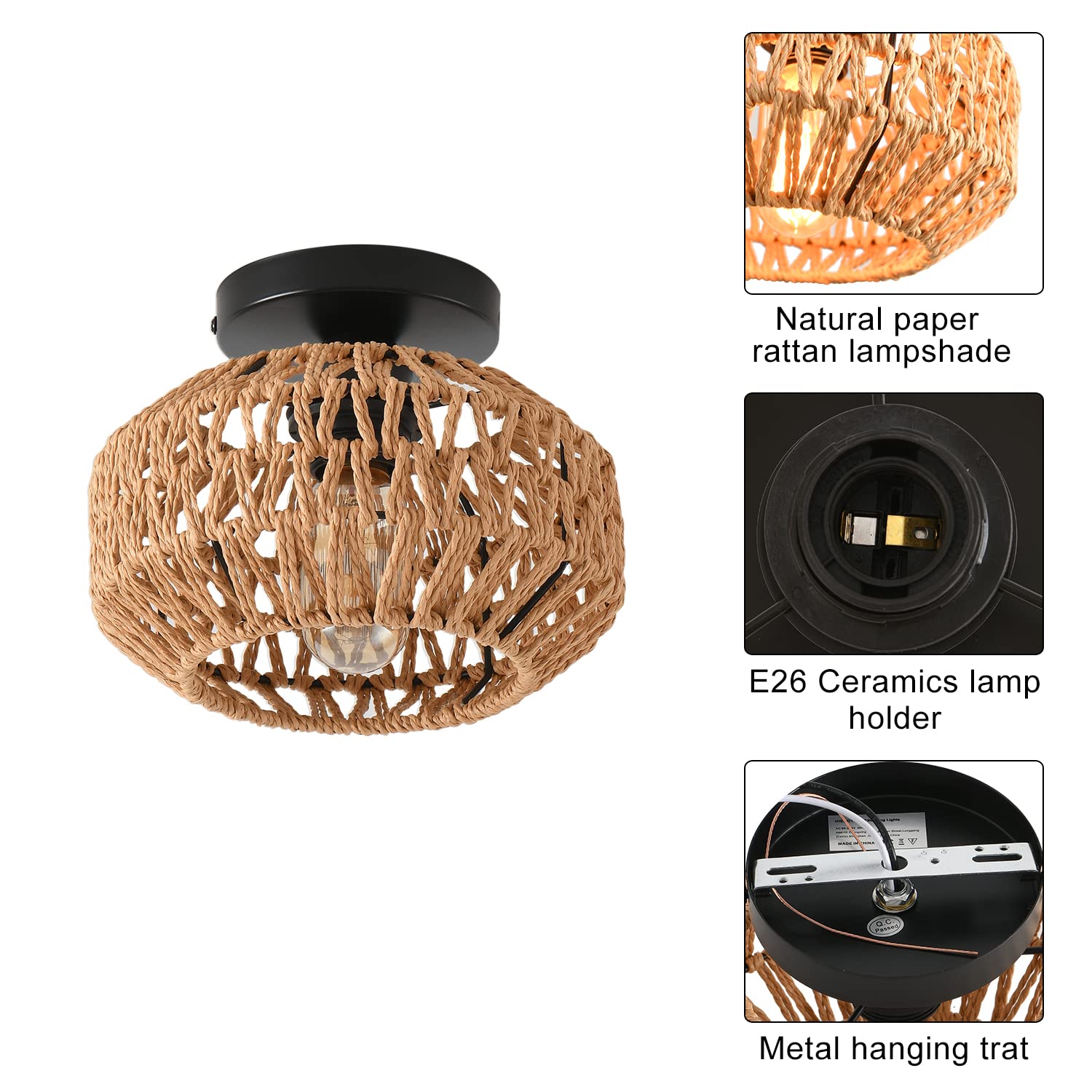 2 Pack Farmhouse Light Fixtures Ceiling Mount,Mini Rattan Boho Semi Flush Mount Ceiling Light,Hand Woven Hallway Light Fixtures for Bedroom Entryway Nursery Study Room (2 Pack)