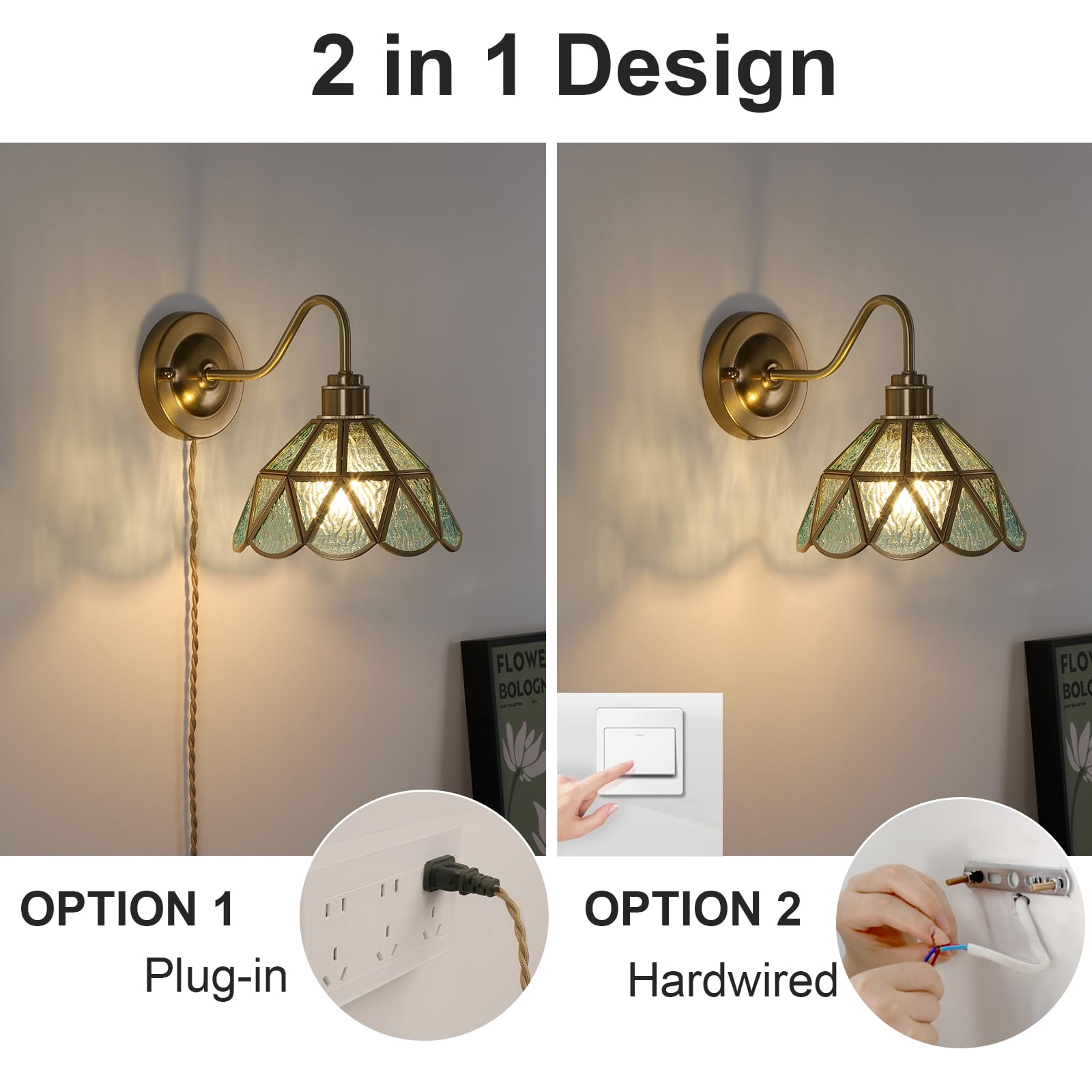 Wall Sconce, Wall Mounted Lamps with Green Checker Sconce, Stained Glass Shade Brass Wall Lights Fixture with Plug in Cord and Switch for Bedroom Bathroom Living Room Hallway