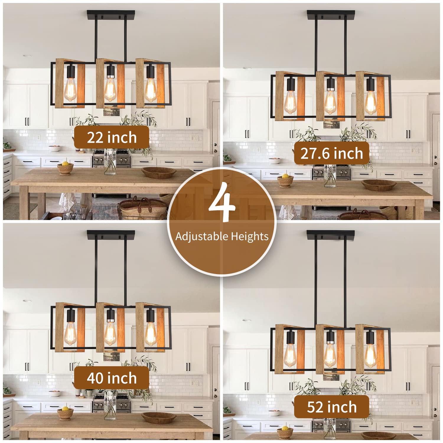 9MMML 3 Lights Kitchen Island Lighting, Modern Rectangle Linear Pendant Light, Black Frame+ Gold Socket Chandelier for Dining &Living Room Foyer Entryway Hallway,E26,Height Adjustable.