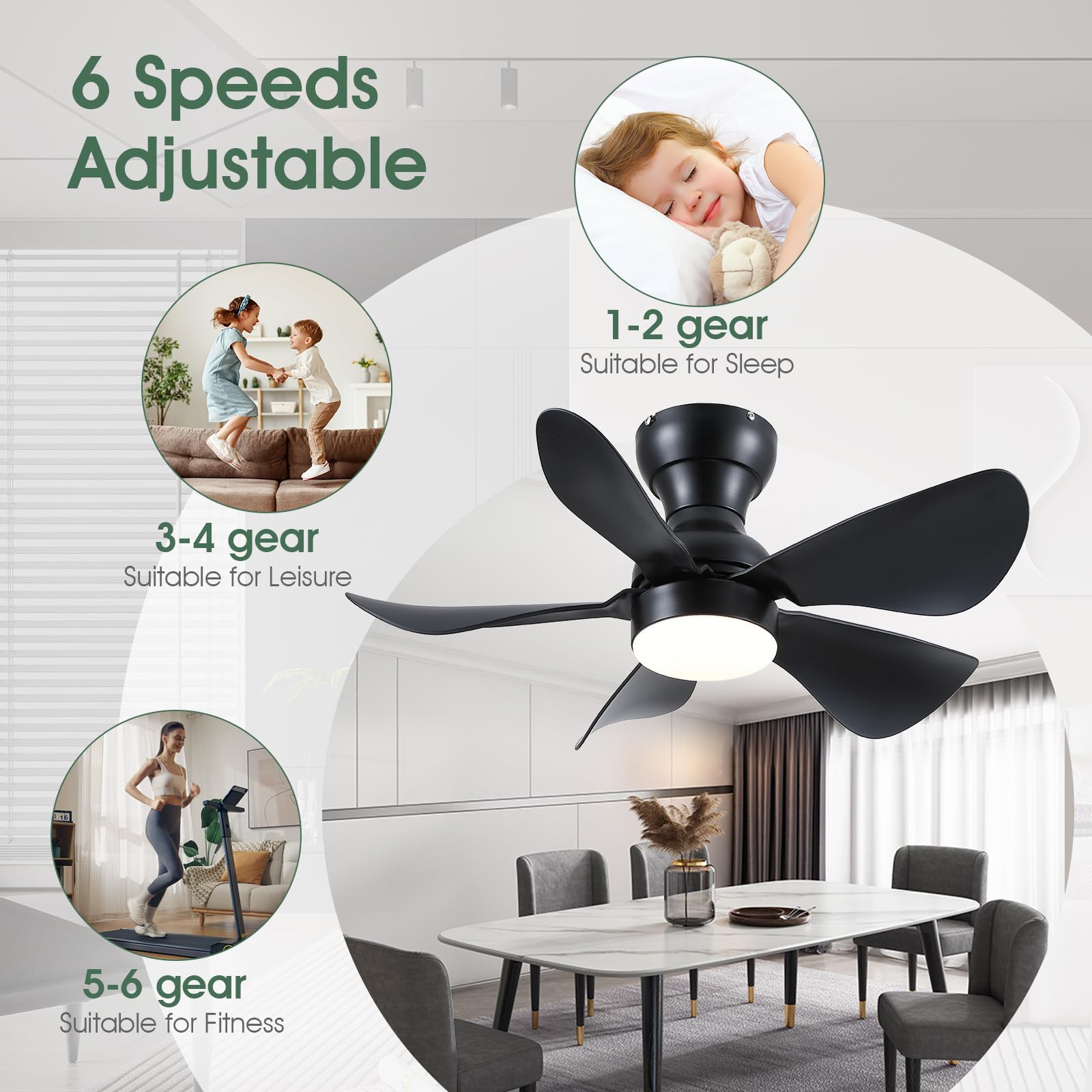 Ceiling Fans with Lights and Remote/APP Control, 30 inch Low Profile Ceiling Fans with 5 Reversible Blades 3 Colors Dimmable 6 Speeds Ceiling Fan for Bedroom Kitchen Dining Room, White