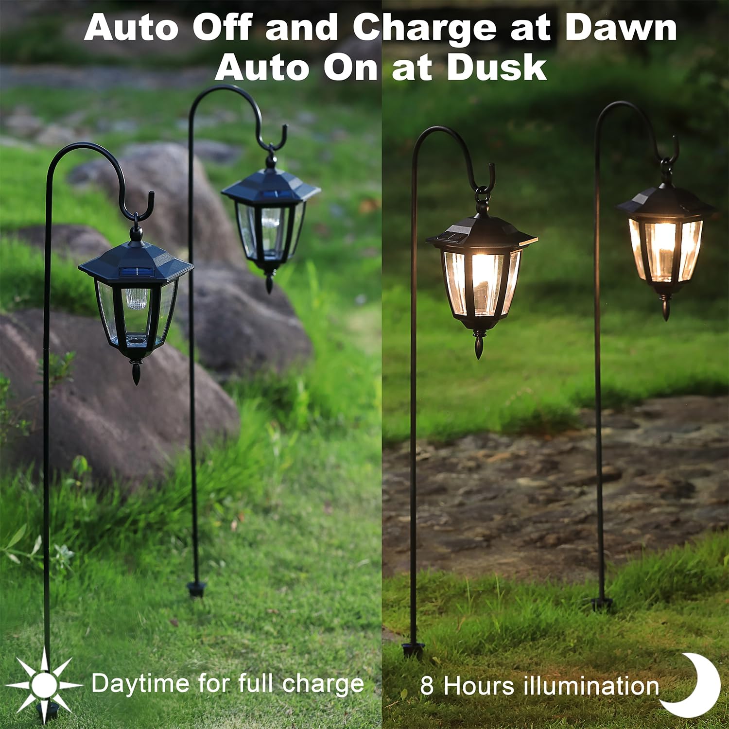 4 Pack Solar Hanging Lights Outdoor, Solar Powered Garden Decorative Lanterns with 4 x 38 Inch Shepherd Hooks, Waterproof Landscape Lighting for Lawn Patio Yard Pathway Driveway, Warm White