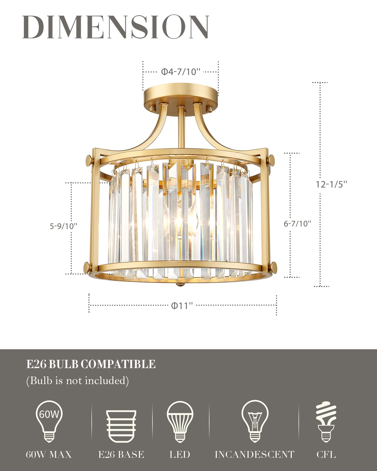 Crystal Semi Flush Mount Chandelier, 11'' Gold Ceiling Light, Modern Flush Mount Light Fixture for Bedroom Kitchen Laundry Entryway, CL4832-1W-PG