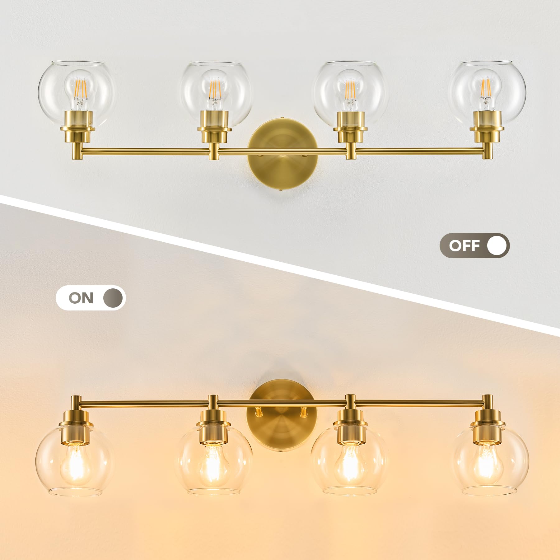 Bathroom Light Fixtures, 2-Light Bathroom Vanity Light with Globe Glass Shades E26 Sockets, Bathroom Lights Over Mirror for Bedroom Hallway Living Room, Gold Finish