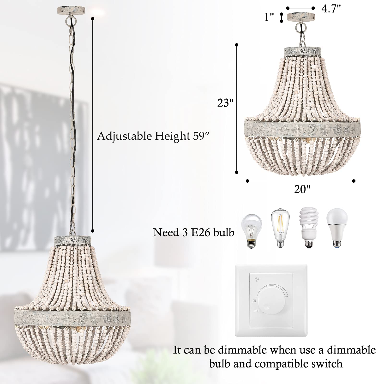 Wood Beaded Chandelier, 20" Boho Light Fixtures with 3-Lights, Adjustable Rustic Vintage Farmhouse Pendant Light for Bedroom, Living Room, Dining Room