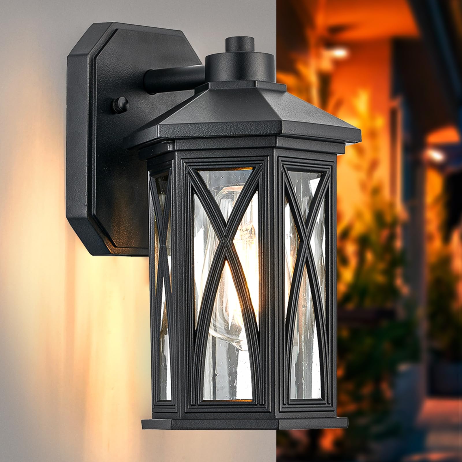 Outdoor Pendant Light, Waterproof Aluminum Black Exterior Hanging Lantern with Seeded Glass, Outside Chandelier Modern Exterior Hanging Light Fixtures for Porch Foyer Entryway, 609-1H-SBK