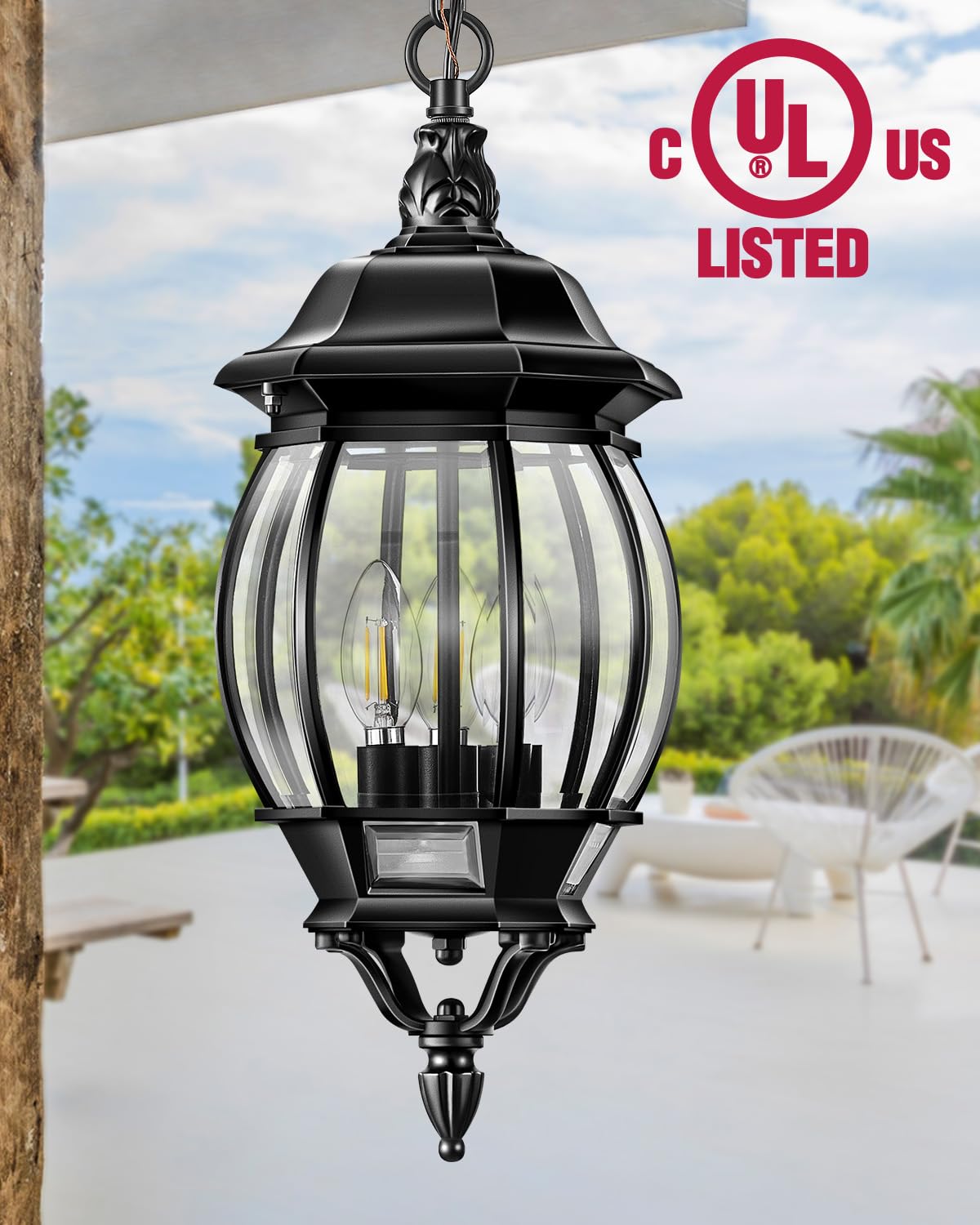 Black Outdoor Pendant Light, Aluminum Hanging Outdoor Lights with Waterproof, Outdoor Ceiling Lights for Porch Anti-Rust, Adjustable Outdoor Chandelier Lantern for House, Door