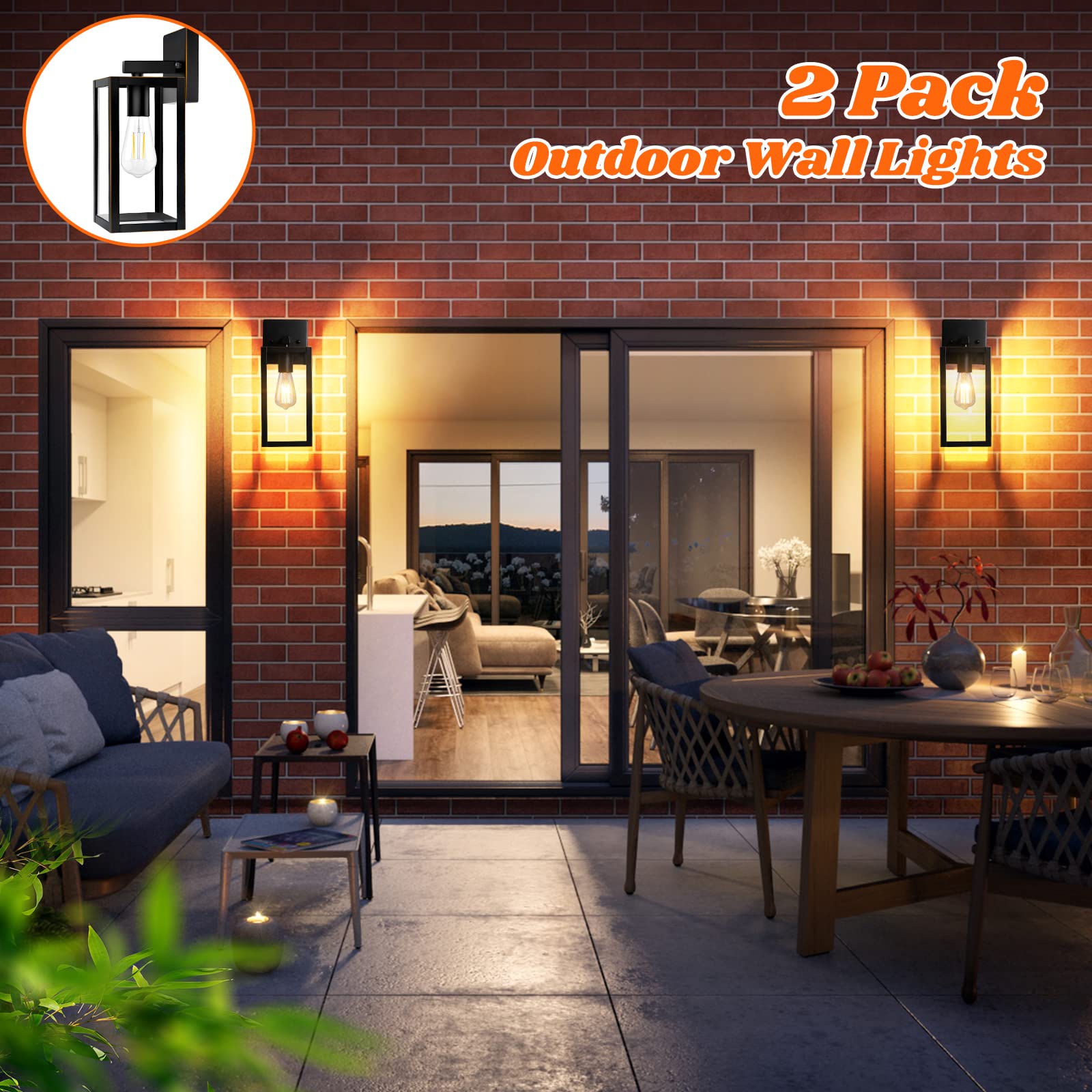 2-Pack Outdoor Light Fixtures Wall Mount, Waterproof Exterior Wall Lanterns with Clear Glass, Anti-Rust Outside Black Wall Sconces, Front Porch Lights for House Garage Doorway, Bulbs Not Included