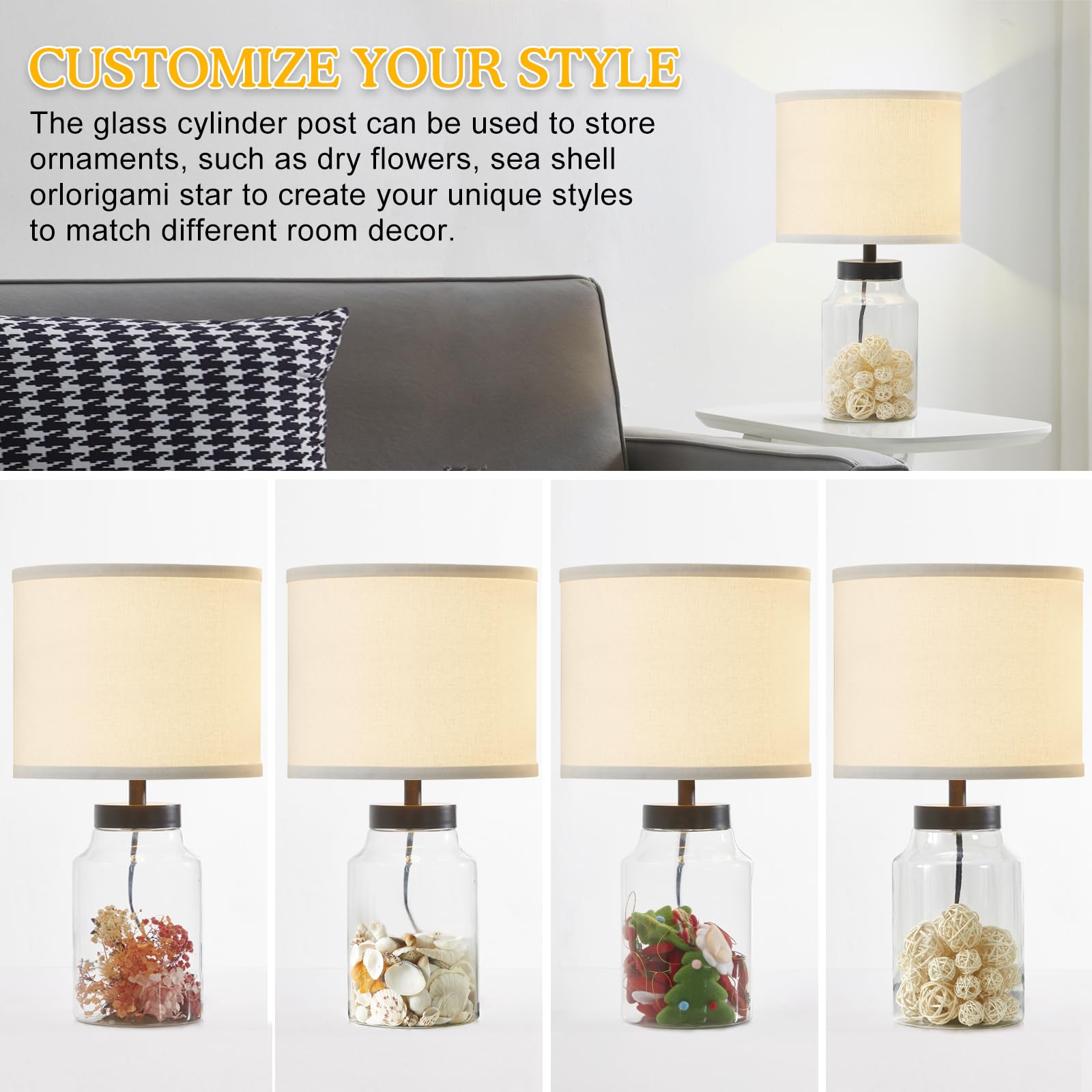 Fillable Table Lamp, Table Lamp with Clear Glass Fillable Modern Table Lamp with Black Square lampshade Beside Lamp for Living Room Bedrooms Office Bulbs Included(Black Square)