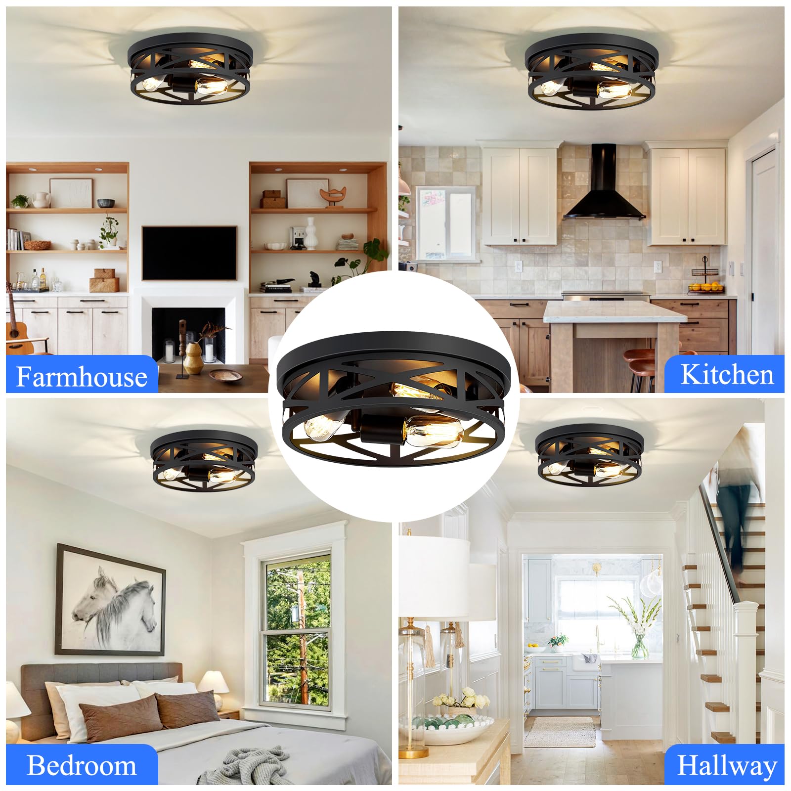 Flush Mount Ceiling Light Fixture,3-Light Ceiling Light Fixture for Hallway, Black Hallway Light Fixtures Ceiling,Light Fixtures Ceiling Mount for Kitchen,Farmhouse,Hall (1 Pack) (13.1inch)