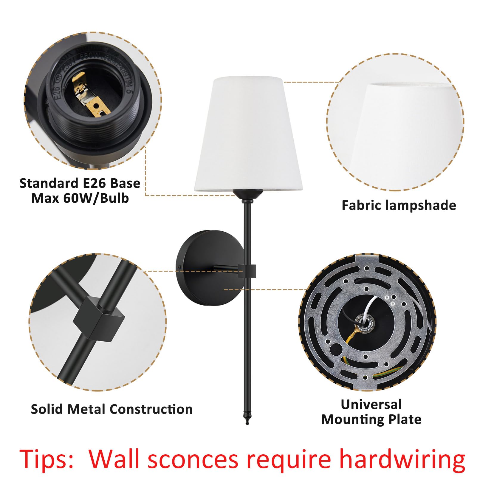 Wall Sconces Sets of 2, Retro Industrial Wall Lamps, Bathroom Vanity Sconces Wall Lighting with White Fabric Shade, Suitable for Bedroom Living Room Corridor Kitchen